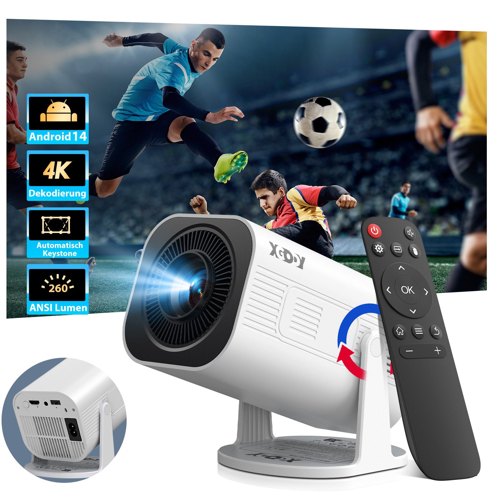 XGODY XGODY Tragbarer Projektor Mini-Beamer (260 lm, 1500:1, 3840 x 2160 px, Mini Projektor mit Android 14/WiFi 6/BT 5.4/ 180-Grad- Winkel)