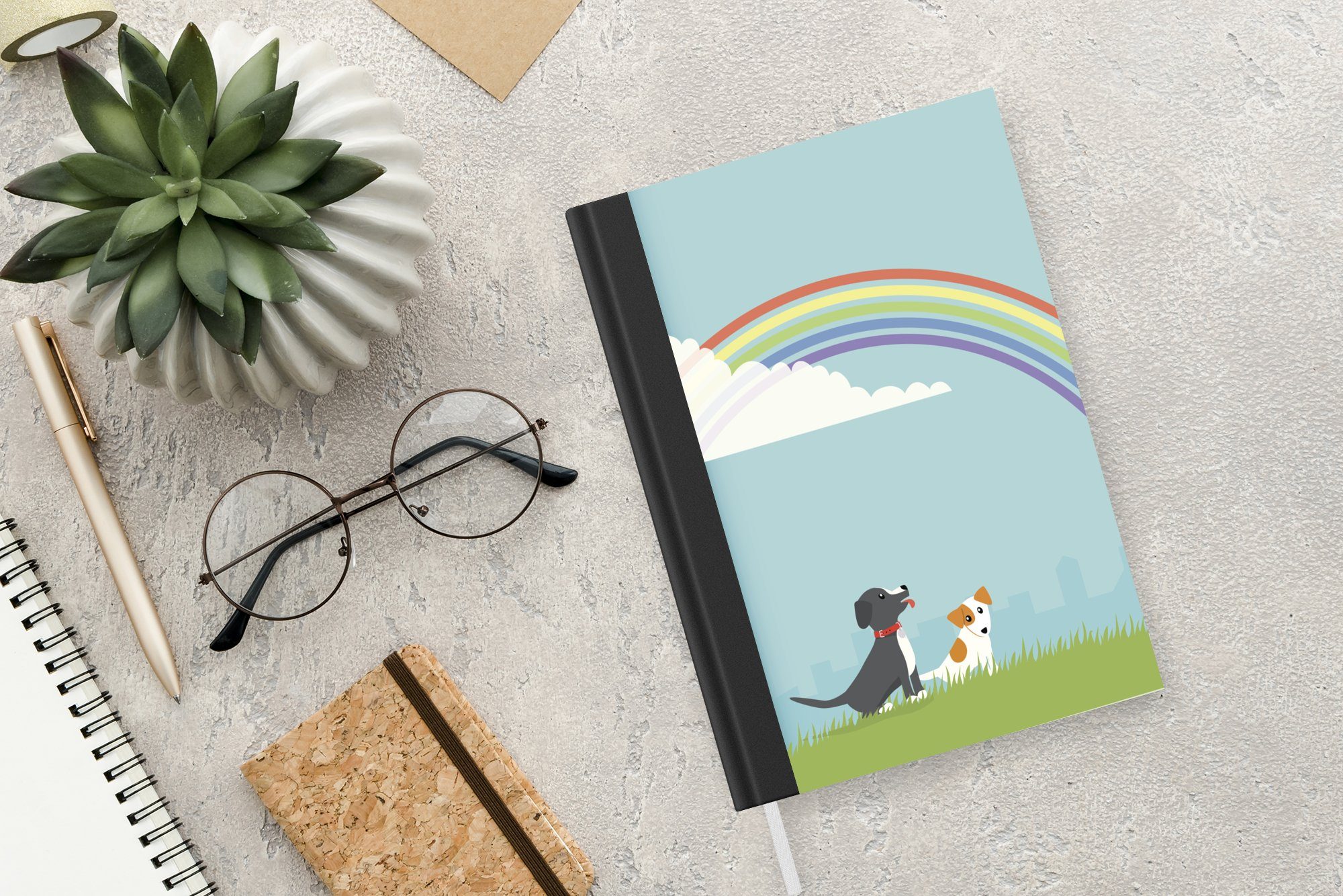 Merkzettel, zwei von Hunden A5, Illustration Seiten, unter Journal, Tagebuch, einem MuchoWow 98 Haushaltsbuch Notizheft, Regenbogen, Eine Notizbuch