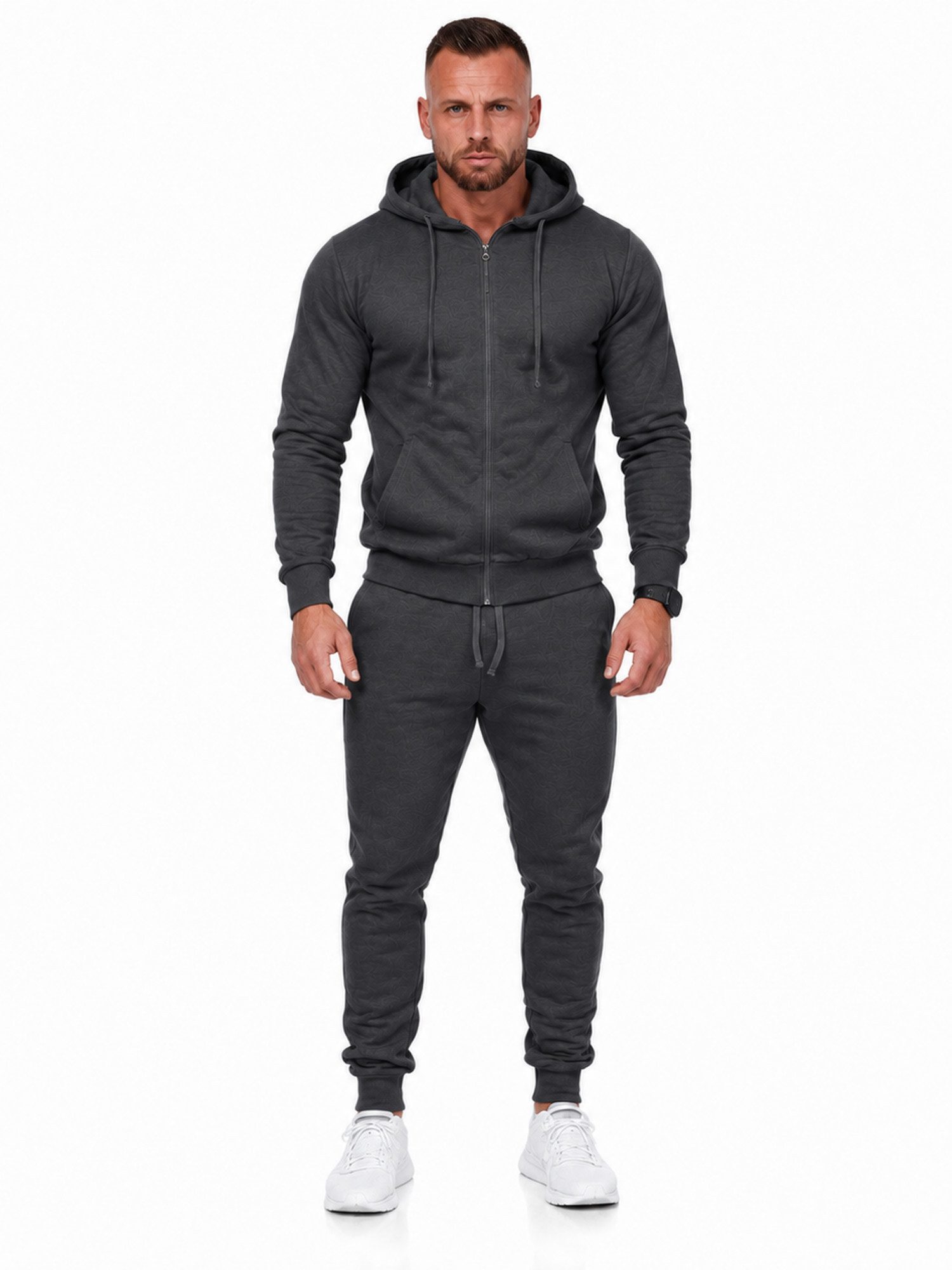 L.gonline Freizeitanzug Herren Jogginganzug einfarbig 100% BW 586 Anthrazit XXL (Kapuzenjacke mit Reißverschluss, Hose, 2-tlg), Fitness Freizeit Casual – Bild 2 von 5
