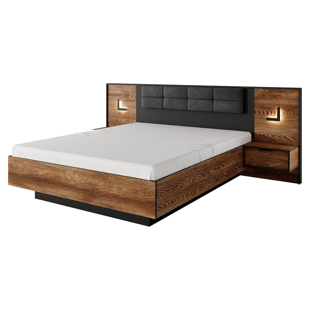 Lomadox Bett MEZZANA-167, 160x200cm, mit aufklappbarem Lattenrost, Nachttischen & Beleuchtung