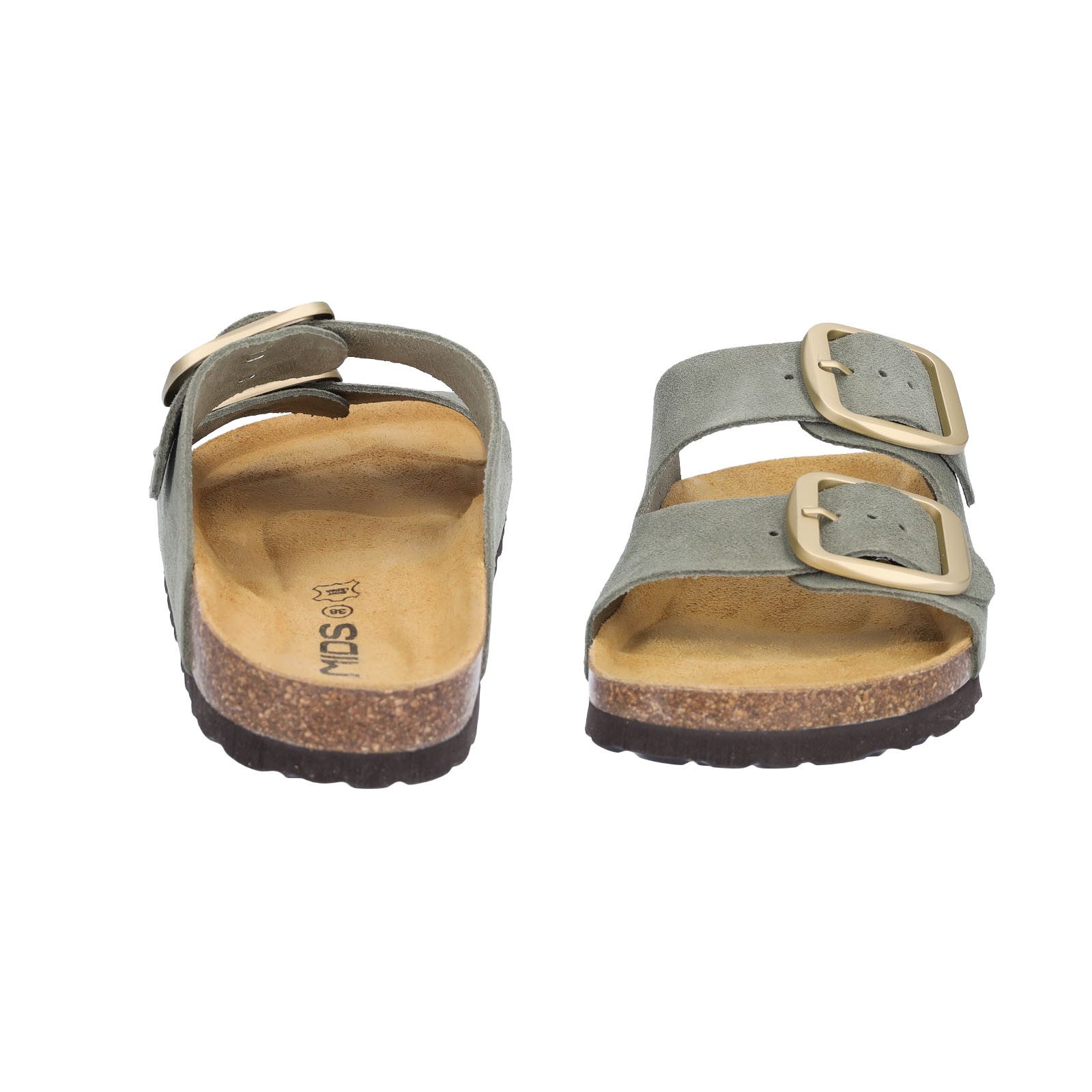 MIDS MIRI Damen Pantolette olivgrün, Zweiriemer mit ergonomischem Lederfußbett & großer Schnalle