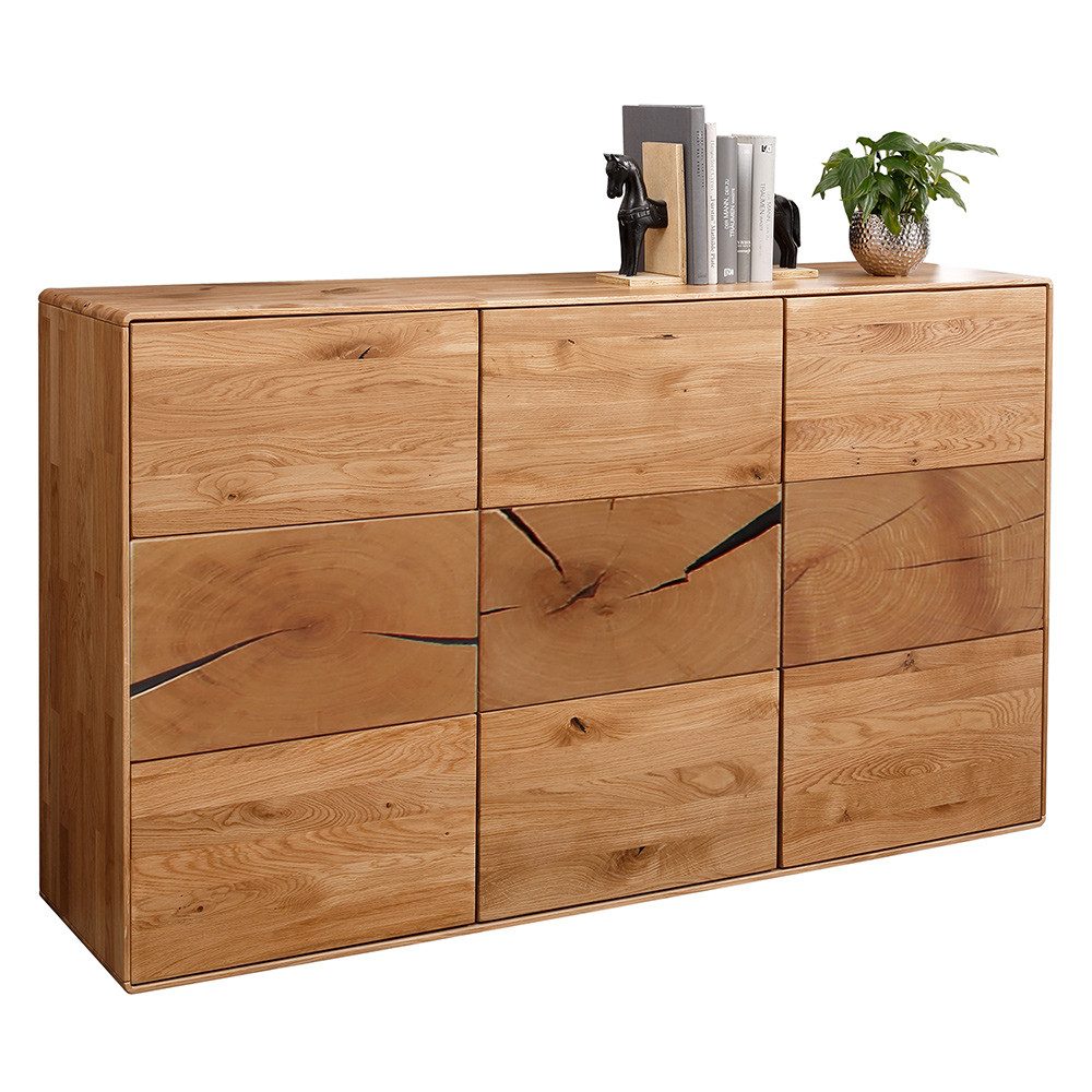 Lomadox Sideboard WESTON-69, Wildeiche massiv geölt 150 cm 3 Türen Push-to-Open
