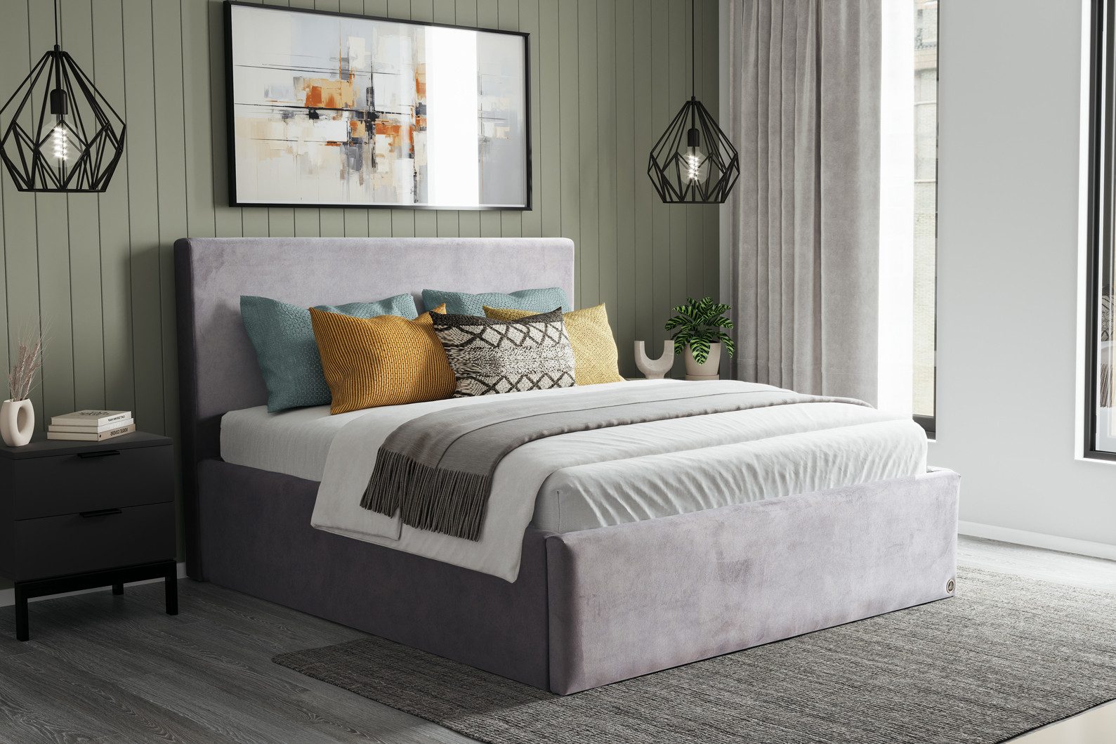 Di-Lara Polsterbett POTSDAM, Samt-Bezug, XXL Bettkasten inkl. Lattenrost Handgemacht in Deutschland