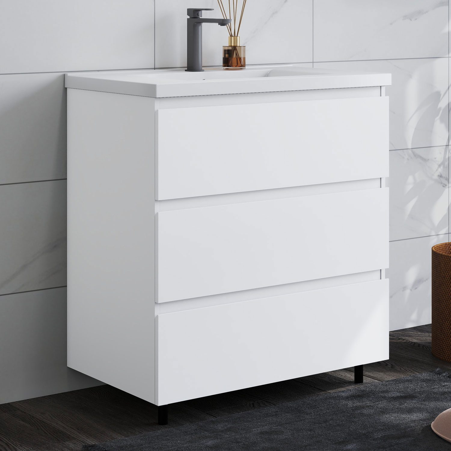duschspa Waschtisch Badmöbel Set Waschbecken mit Unterschrank Badezimmer Möbel Schrank (Hängeschrank, mit Schrankfüße), 80/100cm breit
