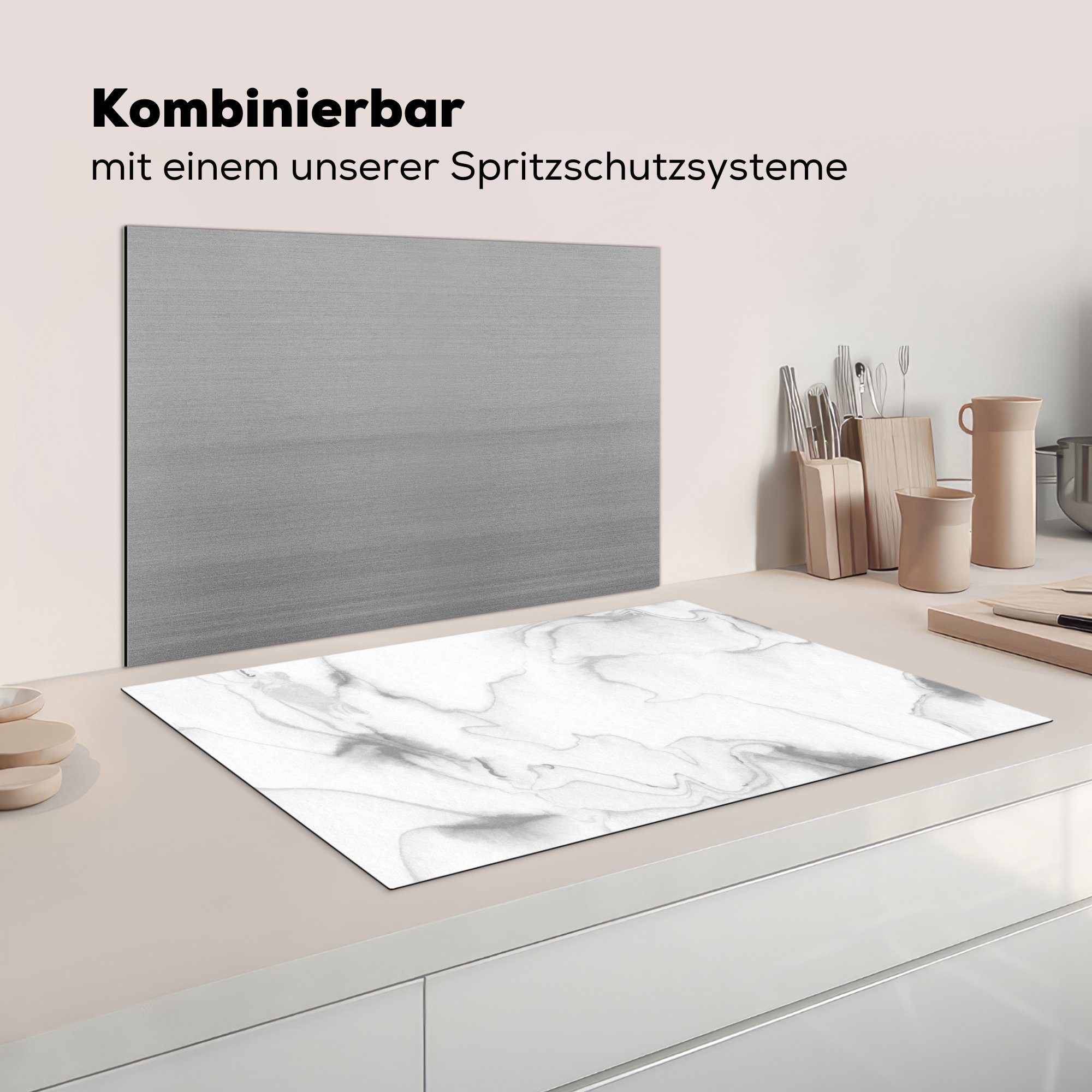 Weiß - 81x52 - - Ceranfeldabdeckung cm, Herdblende-/Abdeckplatte Abstrakt MuchoWow küche, Vinyl, Marmoroptik, Grau die Schutz - (1 für Marmor tlg), Induktionskochfeld