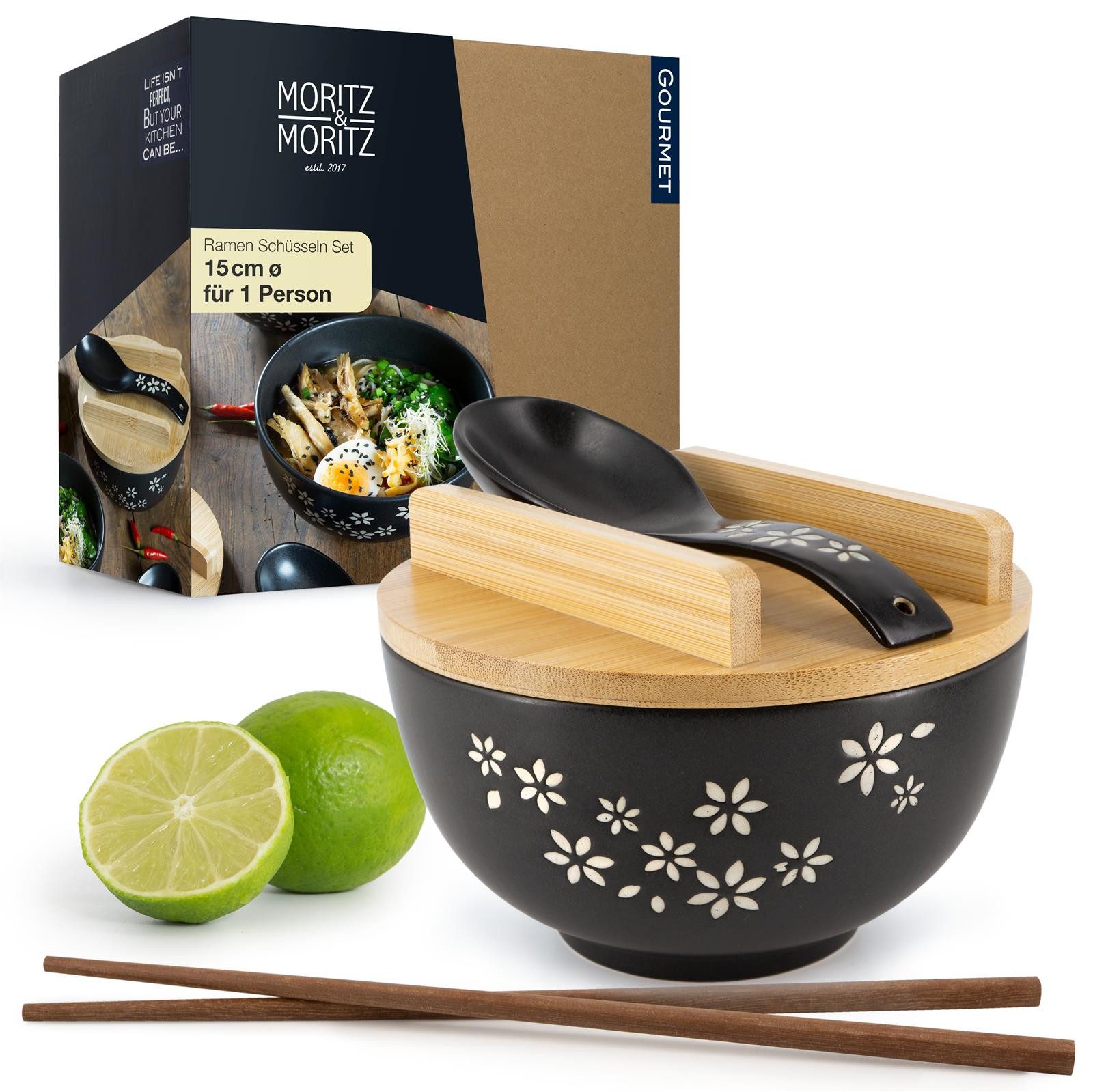 Moritz & Moritz Suppenschüssel Moritz & Moritz Ramen mit Blumen, Keramik, (1 Person, 5-tlg), Ramen Bowl Set