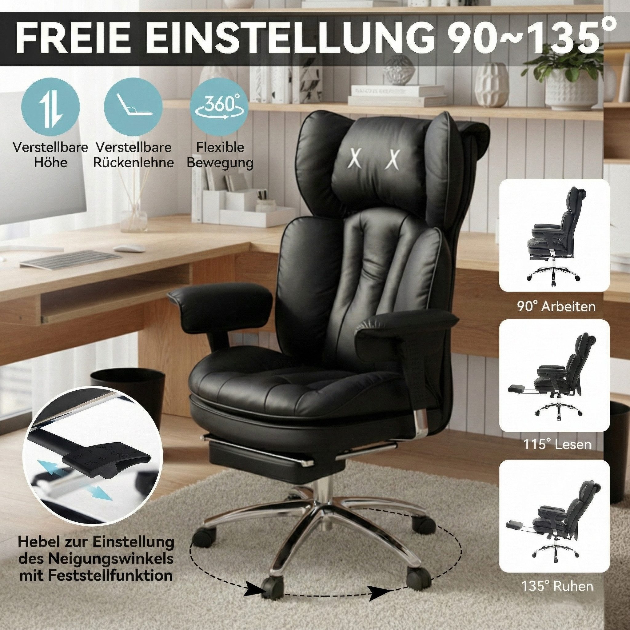 EFOMAO Bürostuhl Schreibtischstuhl, Gaming-Stuhl, Chefsessel mit Fußstütze, ergonomisch (1 St), mit 90°-135° Liegefunktion, höhenverstellbare Armlehnen – Bild 4 von 5