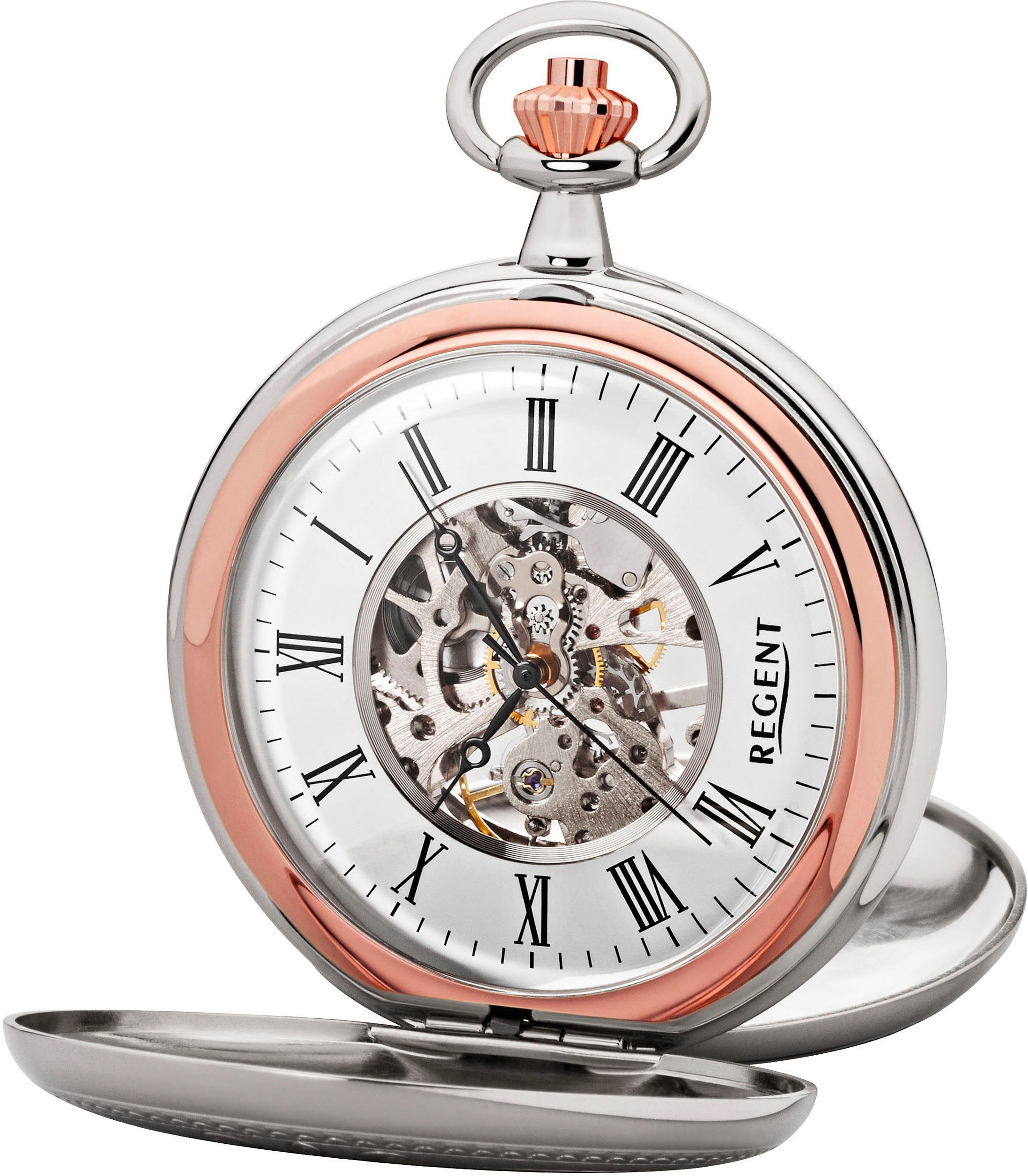 Regent Taschenuhr P702-19370540, (Set, 2-tlg., mit dazu passender Kette), Herrenuhr, Handaufzug, Acrylglas, skelettiertes Zifferblatt