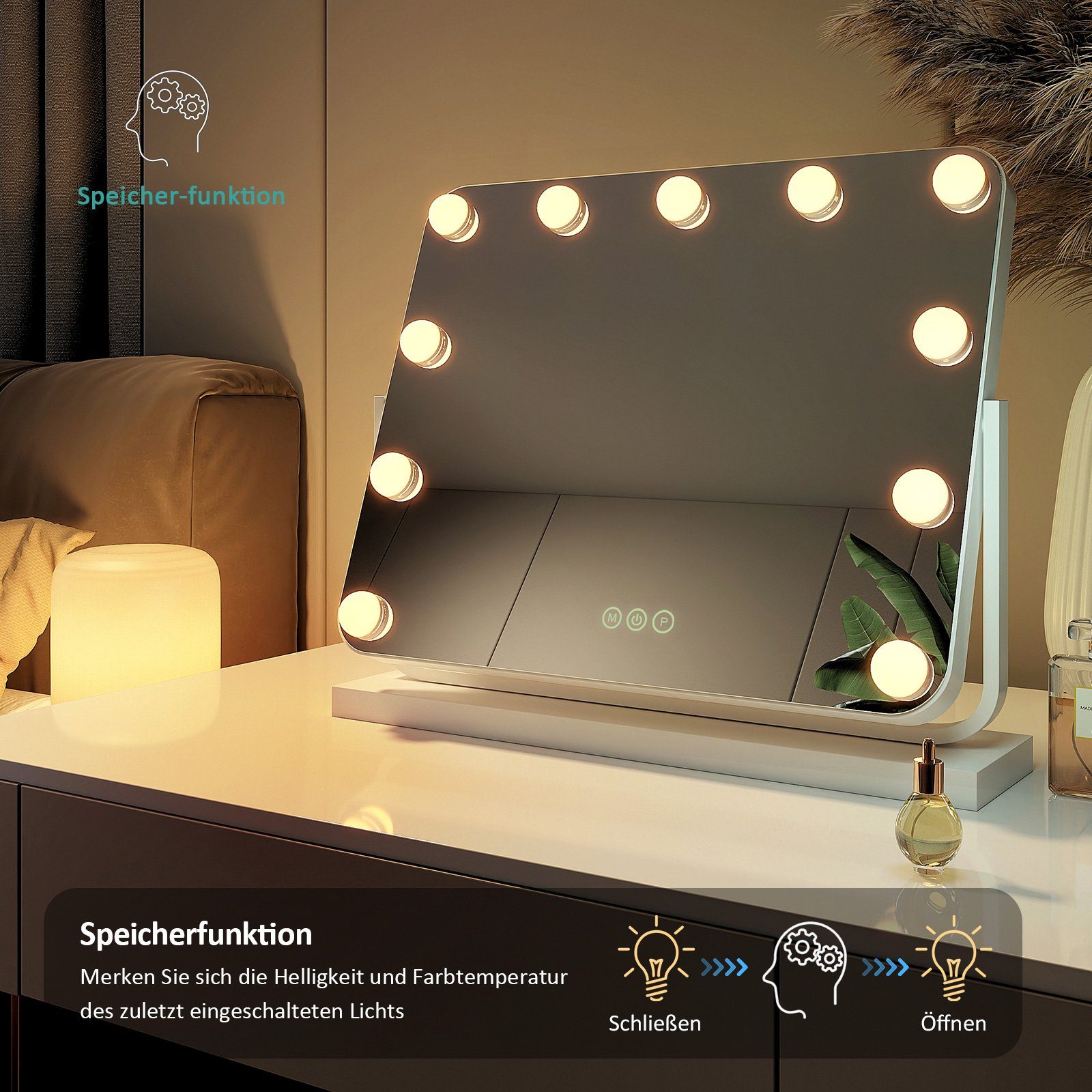 EMKE Kosmetikspiegel Hollywood Spiegel mit x Tischspiegel, ° Vergrößerungsspiegel Weiß 3 Beleuchtung Drehbar Licht,Dimmbar,Speicherfunktion,7 360 Farbe