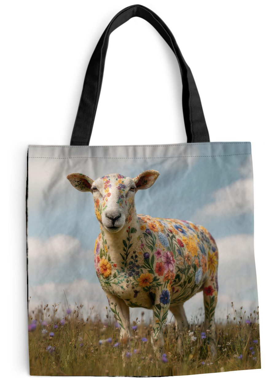 MuchoWow Shopper Schafe - Blumen - Wiese, Handtasche, Damen und Herren, Schultertasche, Umhängetasche, Tote Bag