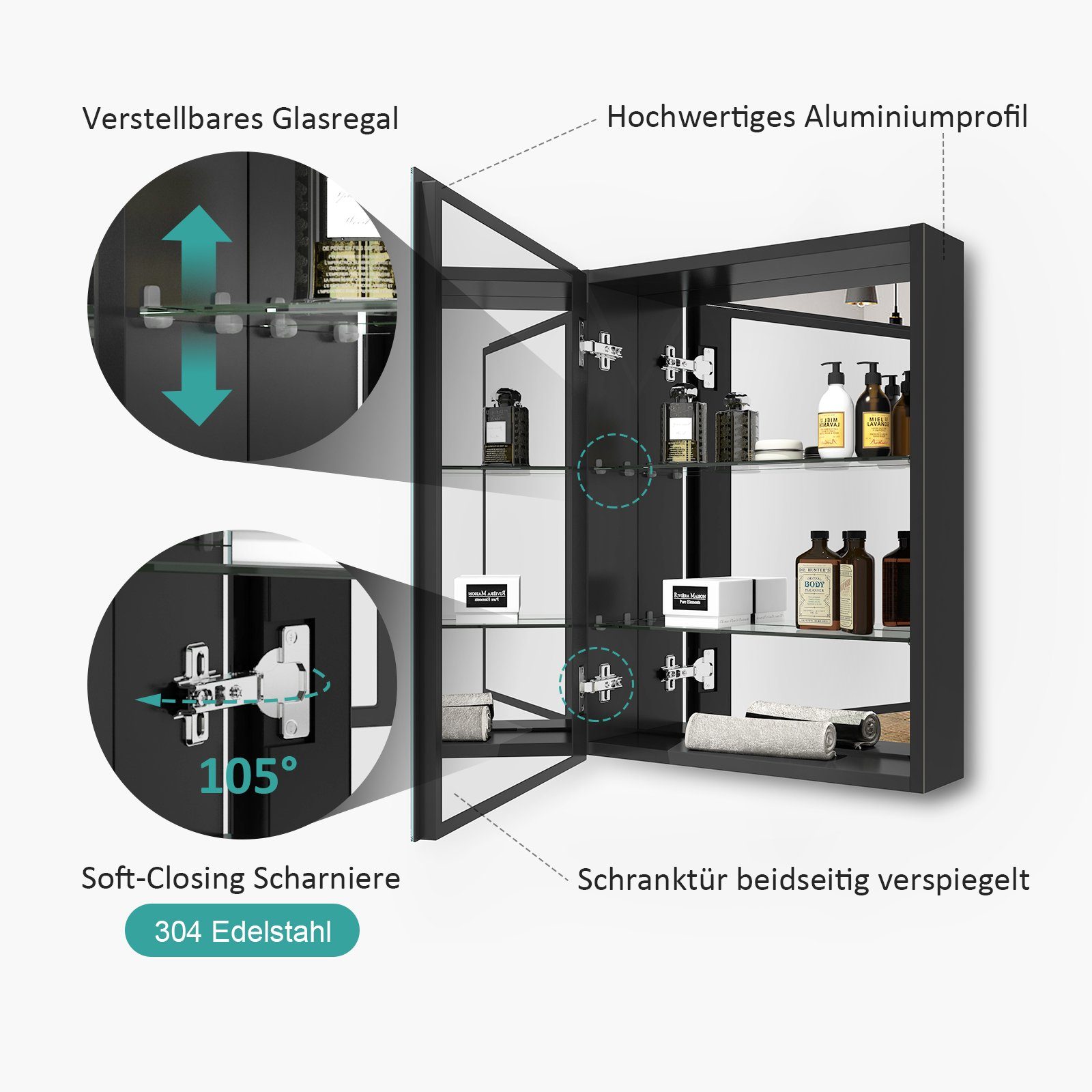 EMKE Spiegelschrank bad 50x65 cm 1-tütig Spiegelschränke Badezimmer Spiegelschrank Badschrank Doppelseitiger Spiegel und höhenverstellbaren Glasablage