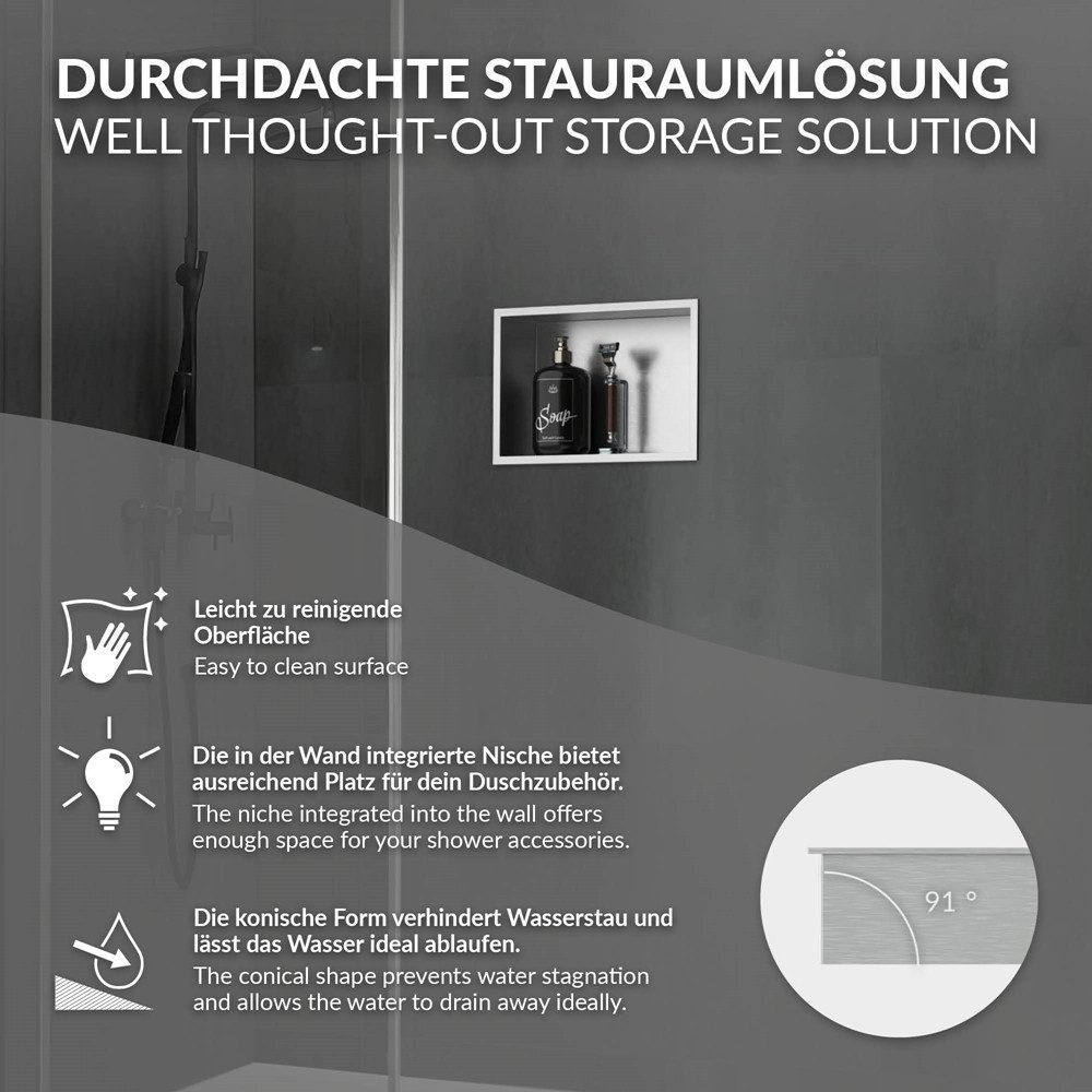 LuxeBath Duschwand Wandnische mit Rahmen aus Edelstahl Flexibler Einbau für Badezimmer, Duschnische Silber 20x30x10cm Einzelregal & Rahmen Befliesbare Nische – Bild 4 von 5