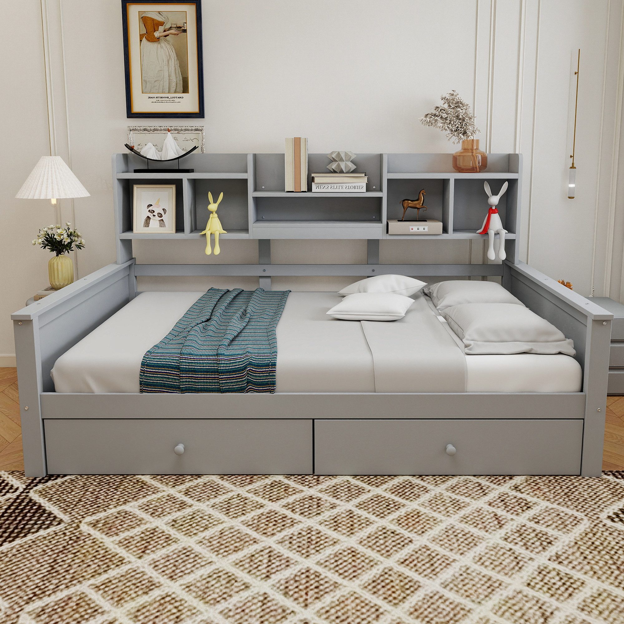 REDOM Schlafsofa mit Schubladen, Regalen und Lattenrost, Funktionsbett Holzbett 90x200 cm, Inklusive Matratze