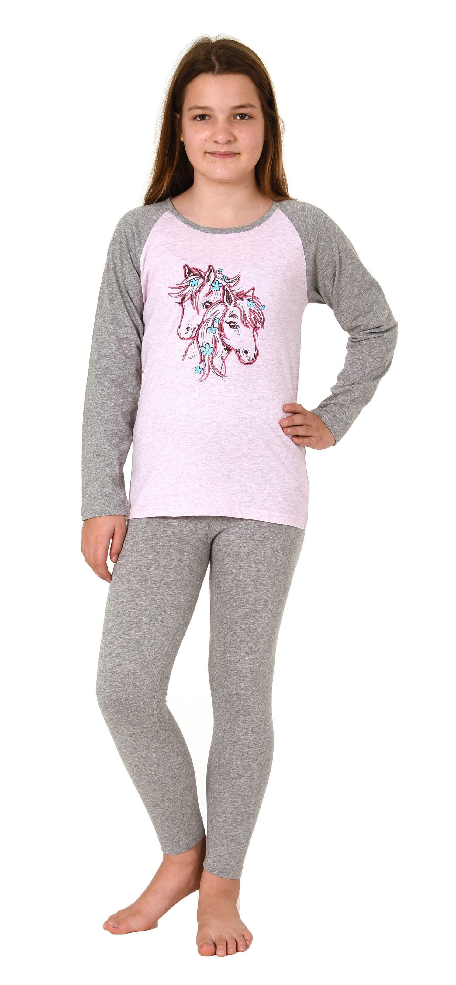 Normann Pyjama Mädchen Schlafanzug langarm, Pyjama mit süßem Pferde-Motiv rosa