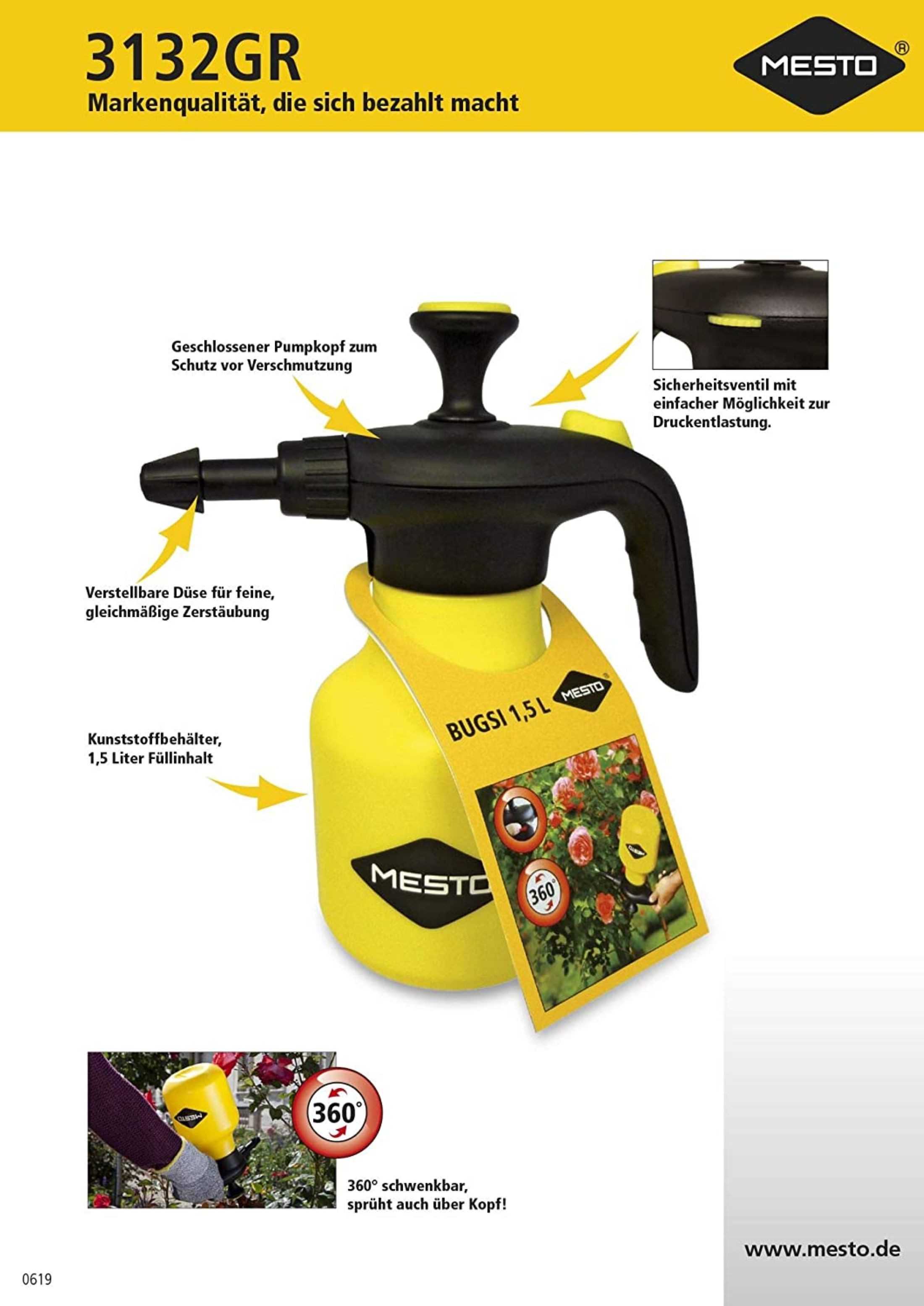 MESTO Drucksprühgerät Mesto 3132GR BUGSI 360 Grad schwenkbar Drucksprüher 1,5 Liter