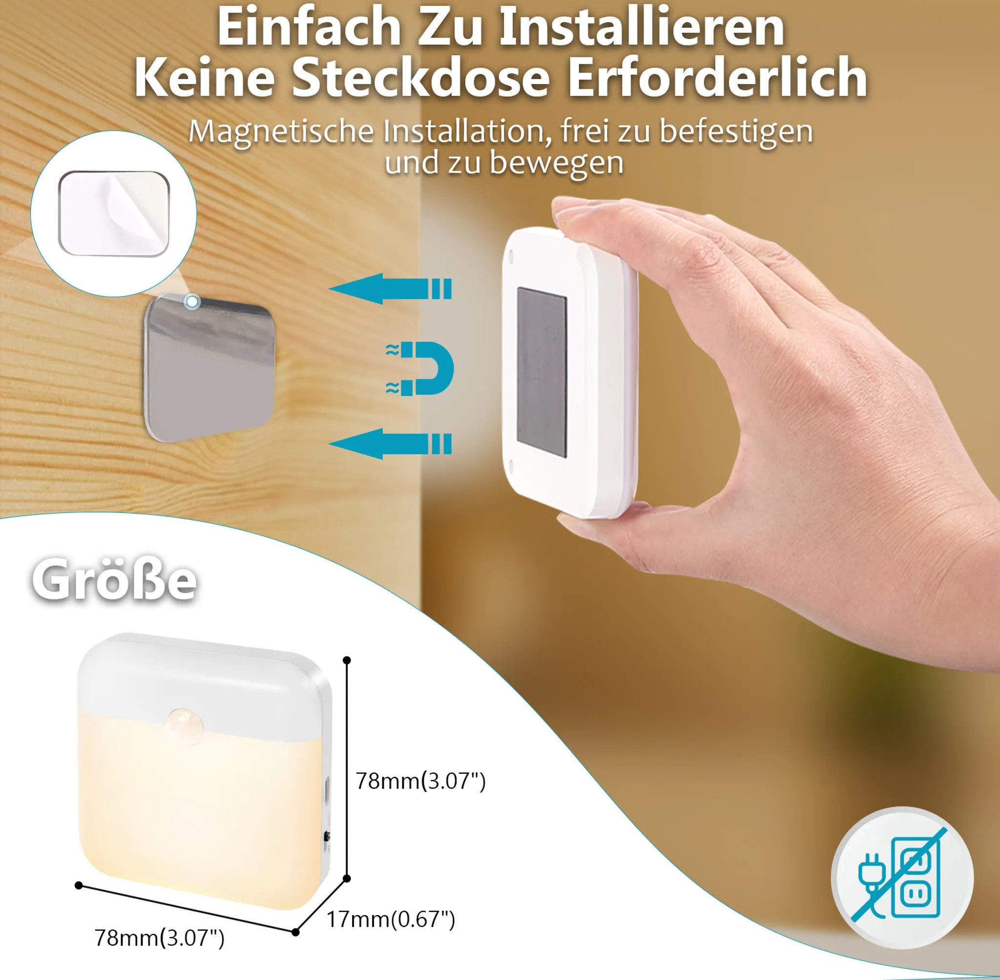 Athlix LED Nachtlicht 3er Pack Nachtlichter mit Bewegungsmelder aufladbar Warmweiß, LED fest integriert, AUTO OFF/ON-Modi, Infrarot-Bewegungssensor – Bild 4 von 5
