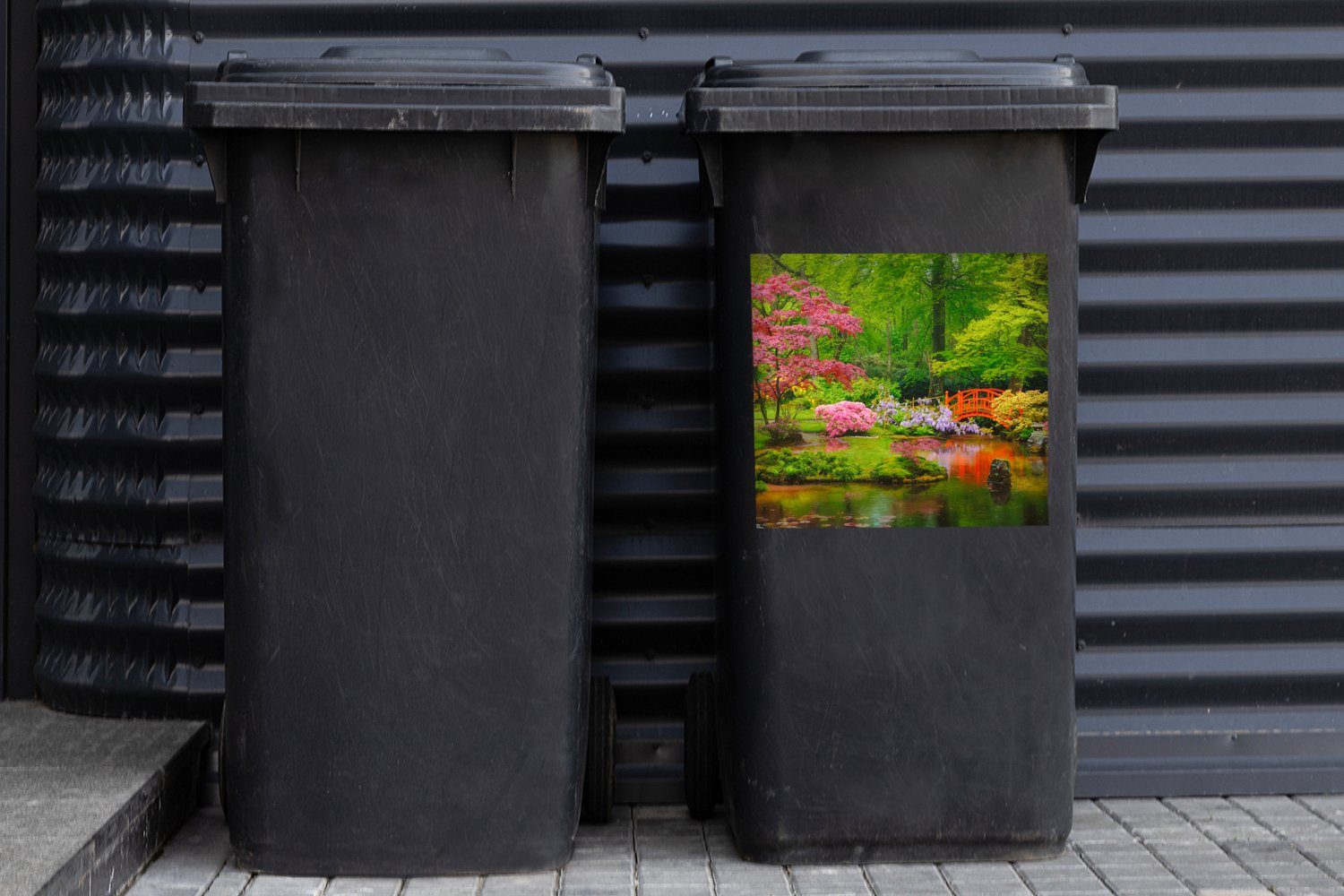 Mülleimer-aufkleber, Abfalbehälter Bäume Blumen Mülltonne, (1 - - Sticker, - Japanisch Wandsticker MuchoWow - St), Brücke Botanisch Container,