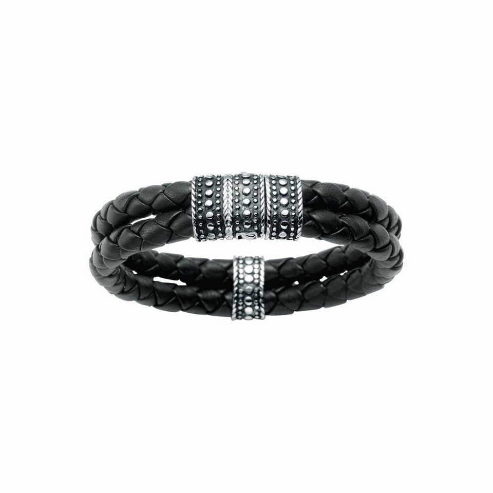 GIORGIO MARTELLO MILANO Armband mit Ornament, teilweise oxydiert, Leder  schwarz, Silber 925, Länge ca. 20,5 cm oder 22 cm, Steckschloss mit Ornament