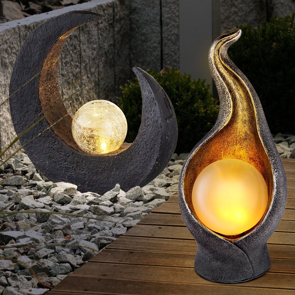 Skulptur fest 2x Solarlampe Flamme LED LED-Leuchtmittel Solarleuchte, Mond Solar verbaut, Solarleuchte Globo Außenleuchte