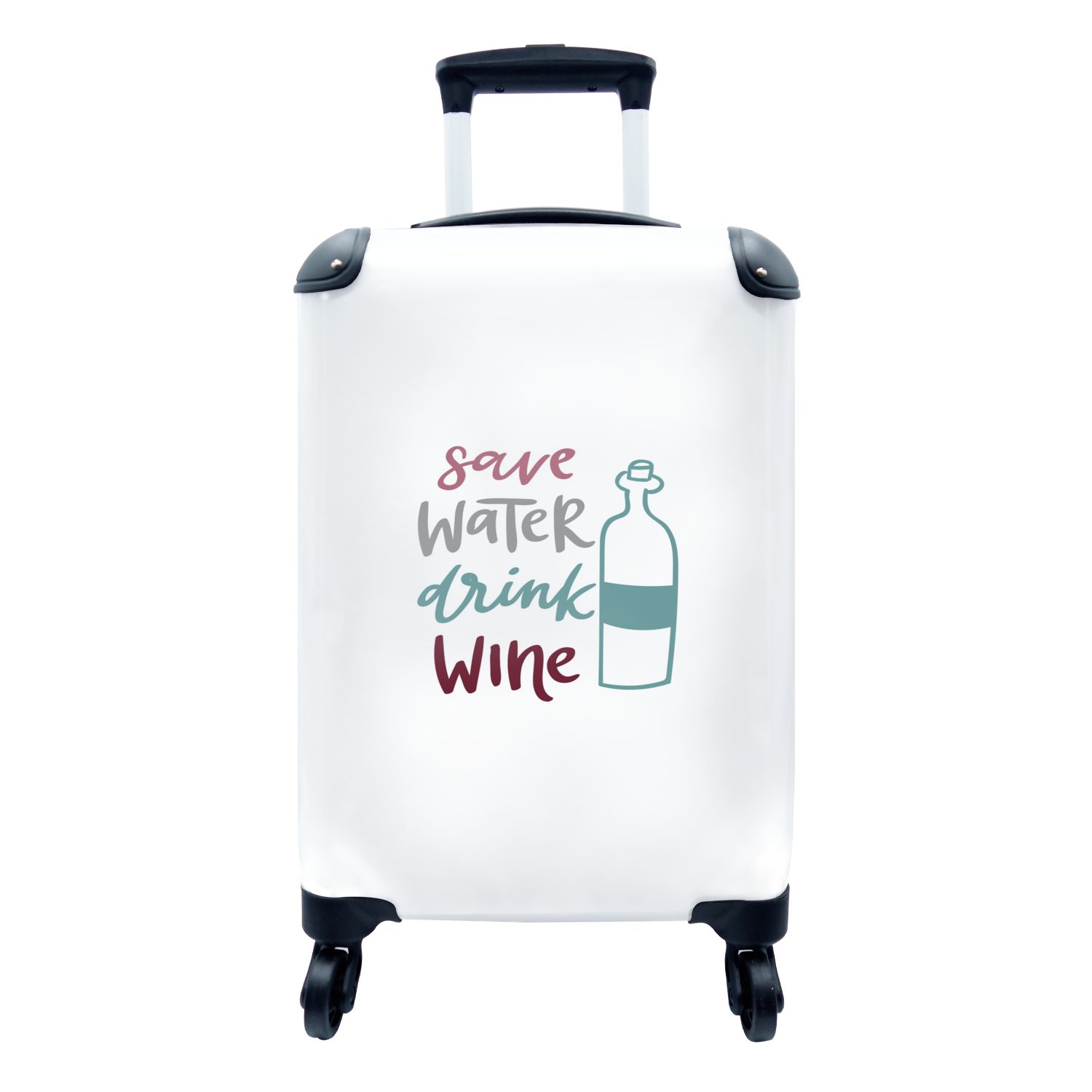 MuchoWow Handgepäckkoffer Zitat "Wasser sparen, Wein trinken" auf weißem Hintergrund, 4 Rollen, Reisetasche mit rollen, Handgepäck für Ferien, Trolley, Reisekoffer