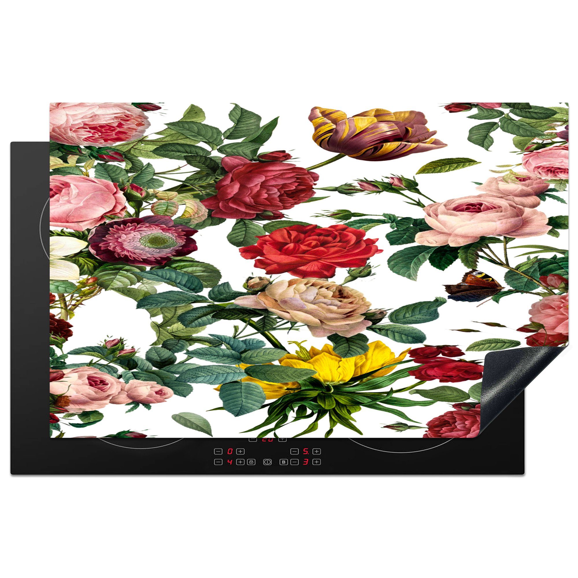 MuchoWow Herdblende-/Abdeckplatte Blumen - Rot - Rosa - Weiß, Vinyl, (1 tlg), 81x52 cm, Induktionskochfeld Schutz für die küche, Ceranfeldabdeckung