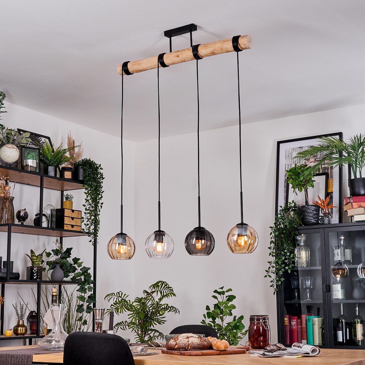 hofstein Hängeleuchte Hängelampe aus Metall/Holz/Riffelglas in Schwarz/Rauch/Bernstein/Klar, moderne Pendelleuchte im Boho/Vintage-Design (Schirme 15 cm), 4 x E27