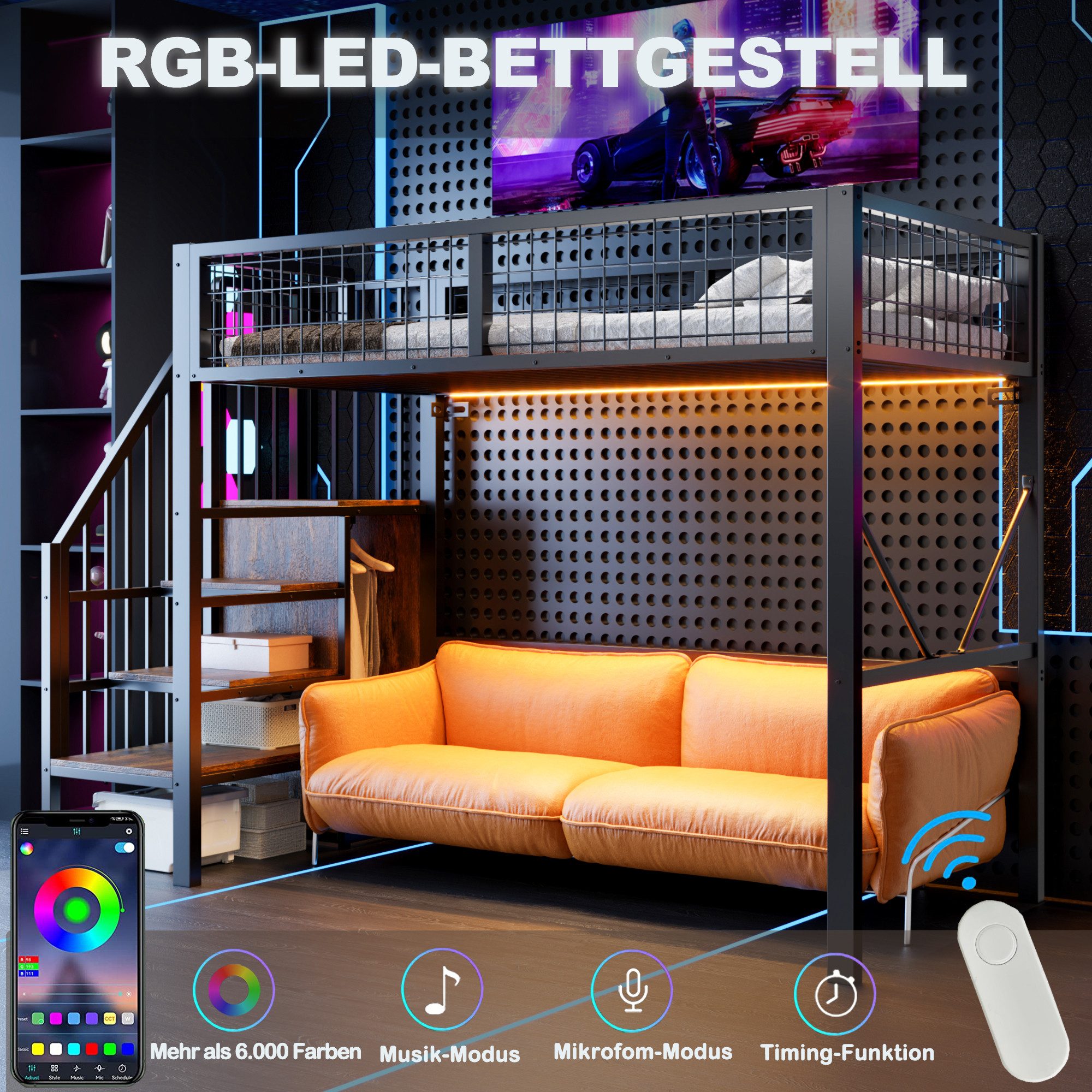Flieks Hochbett Metallbett 90x200cm mit Stauraumtreppe LED-Leiste Sicherheitsgeländer – Bild 4 von 5
