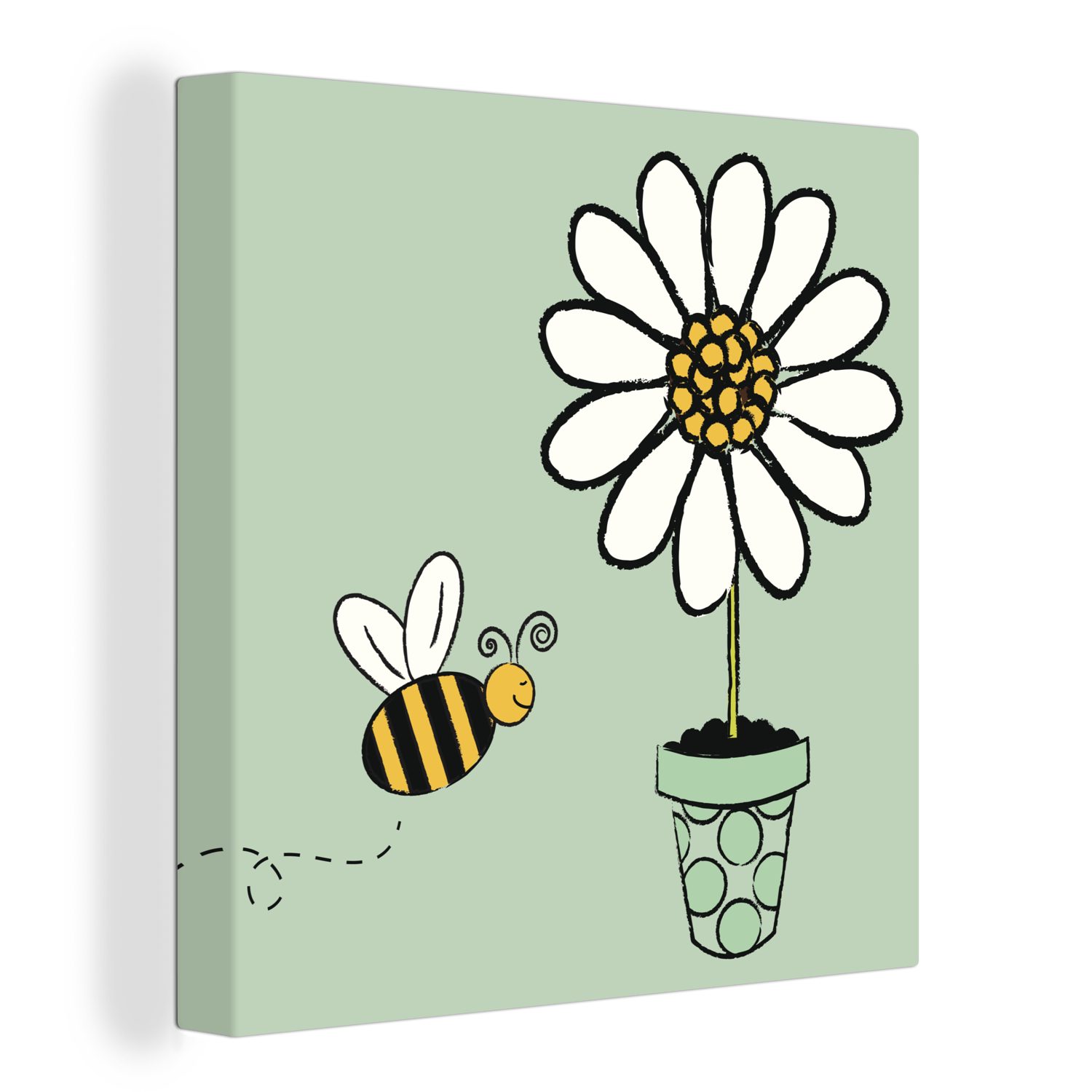 OneMillionCanvasses® Leinwandbild Illustration einer Biene, die auf eine weiße Blume zufliegt, (1 St), Leinwand Bilder für Wohnzimmer Schlafzimmer