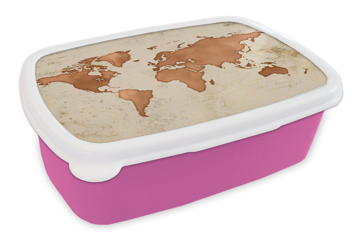 MuchoWow Lunchbox Weltkarte - Papyrus - Kupfer, Kunststoff, (2-tlg), Brotbox für Erwachsene, Brotdose Kinder, Snackbox, Mädchen, Kunststoff rosa