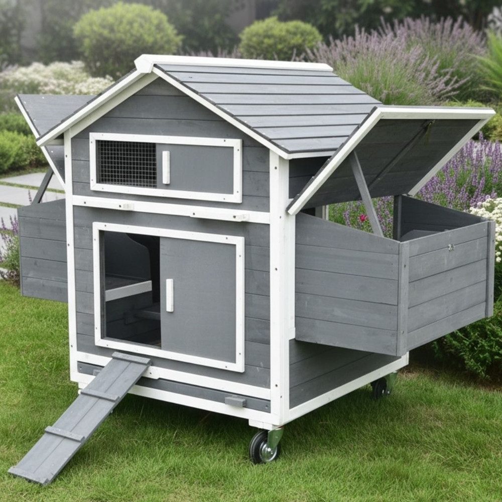 Mucola Hühnerstall Hühnervoliere inkl. 2 Nestboxen Hühnerhaus Holz Geflügelstall, Rollbar, 4 Nistplätzen, Holzrampe, 2 Sitzstangen