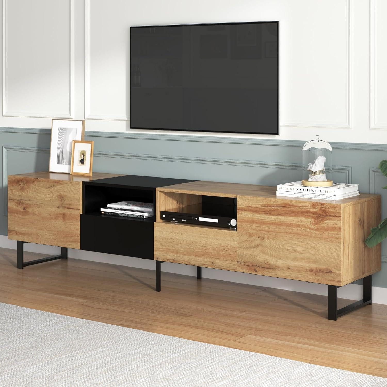 LuxusKollektion TV-Board TV Lowboard PVC Kanten 2 Türen 2 Schwarz und Holzfarbe(190x38x48cm)
