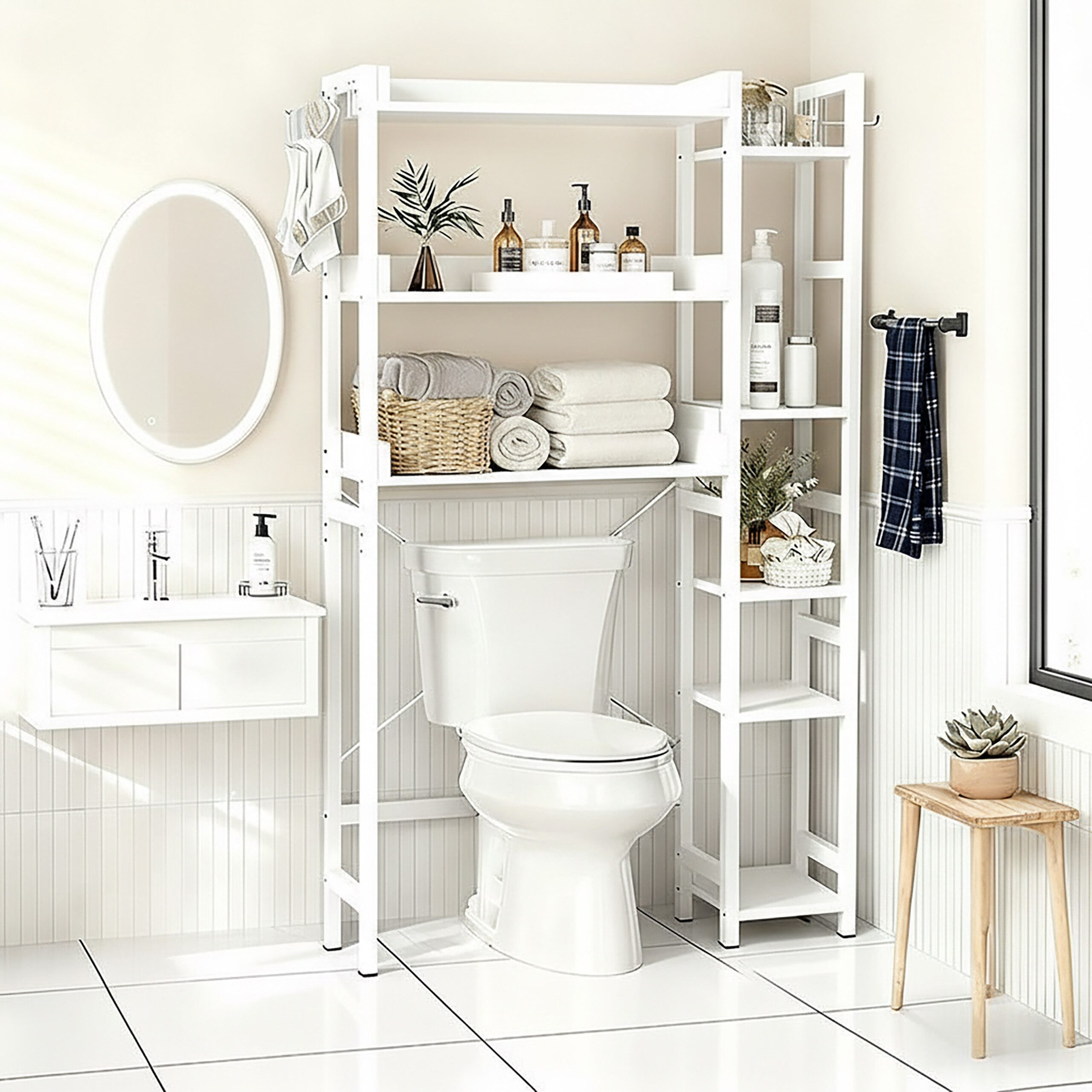 relaxdays Badregal Toilettenregal 3 Ebenen mit Seitenablage, 1-tlg., weiß – Bild 2 von 5