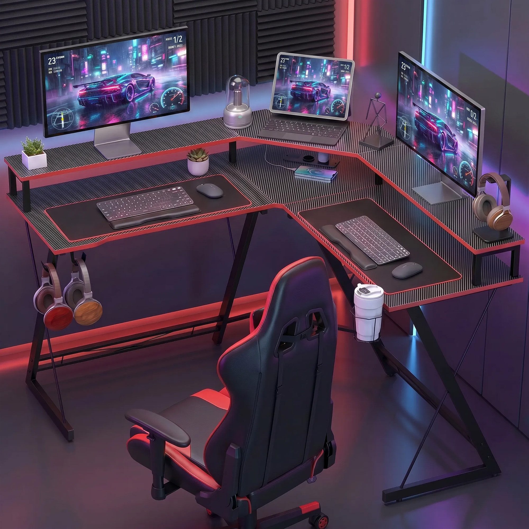 MODFU Schreibtisch Gaming Eckschreibtisch 128 cm L-Form mit Monitorablage (Packung, 1-St., Arbeitsplatz mit Steckdosen für Computer und Zubehör), Computertisch mit Kopfhörerhalter und Getränkehalter