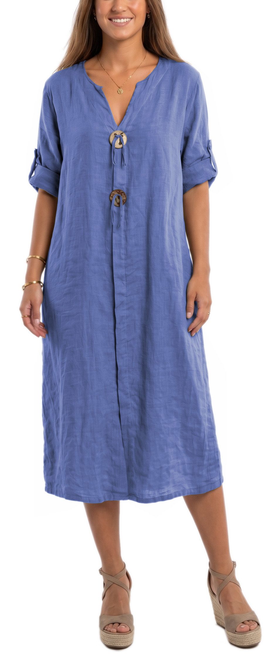 dy_mode Hemdblusenkleid Damen Leinenkleid Midi Hemdblusenkleid mit V-Ausschnitt Freizeitkleid in Unifarbe, V-Ausschnitt, mit seitlichen Eingriffstaschen