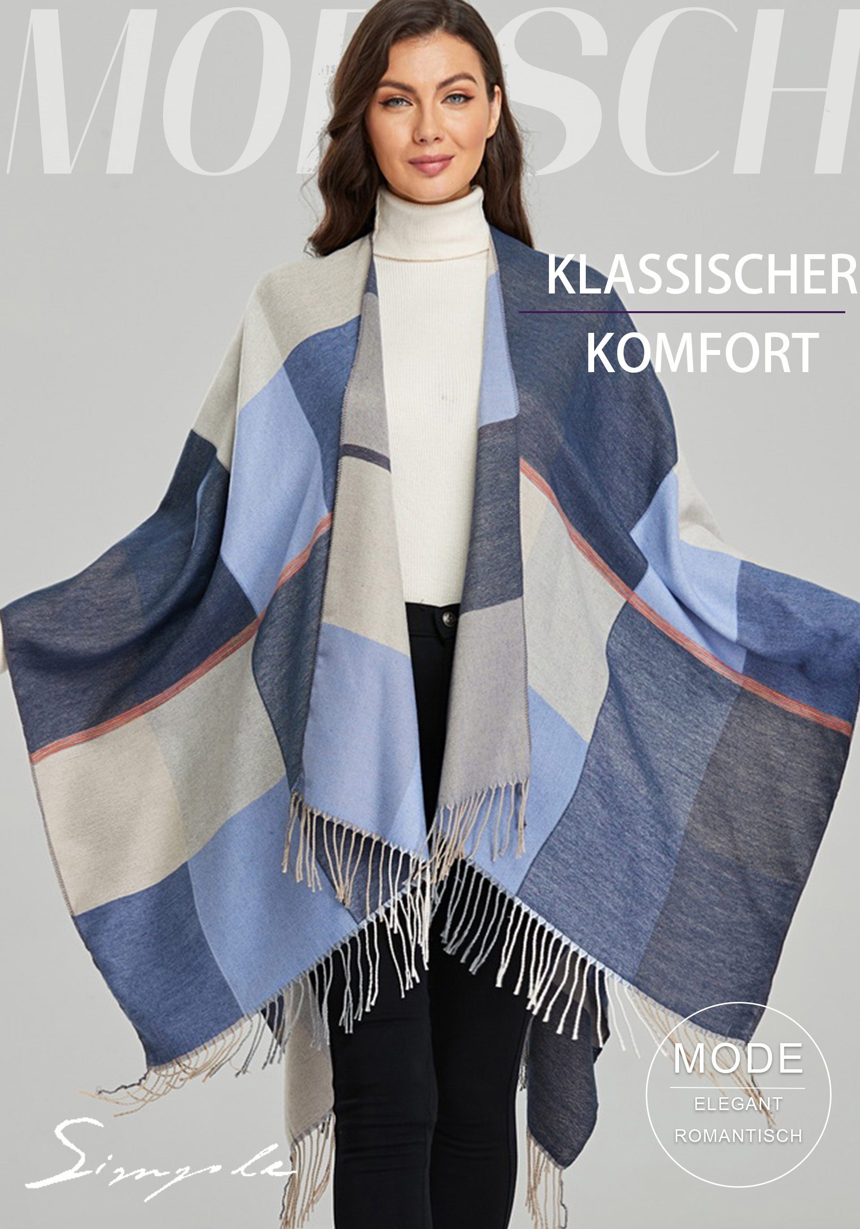 Mode MAGICSHE Blau Vintage hochwertig XXL-Schal Umhang, Fransen