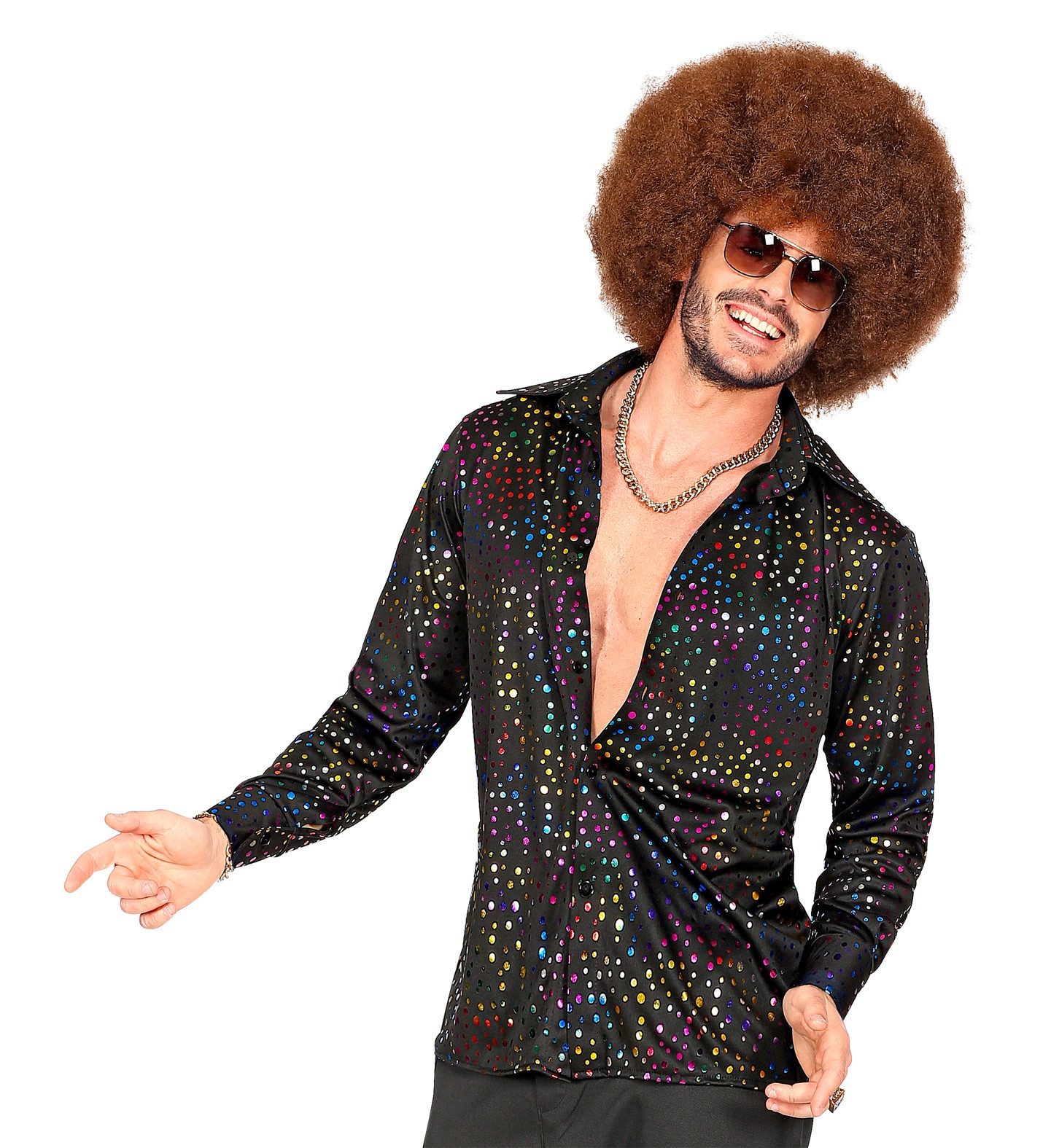 Kostüm 70er Jahre Disco Glitzer Hemd für Herren, Schwarz