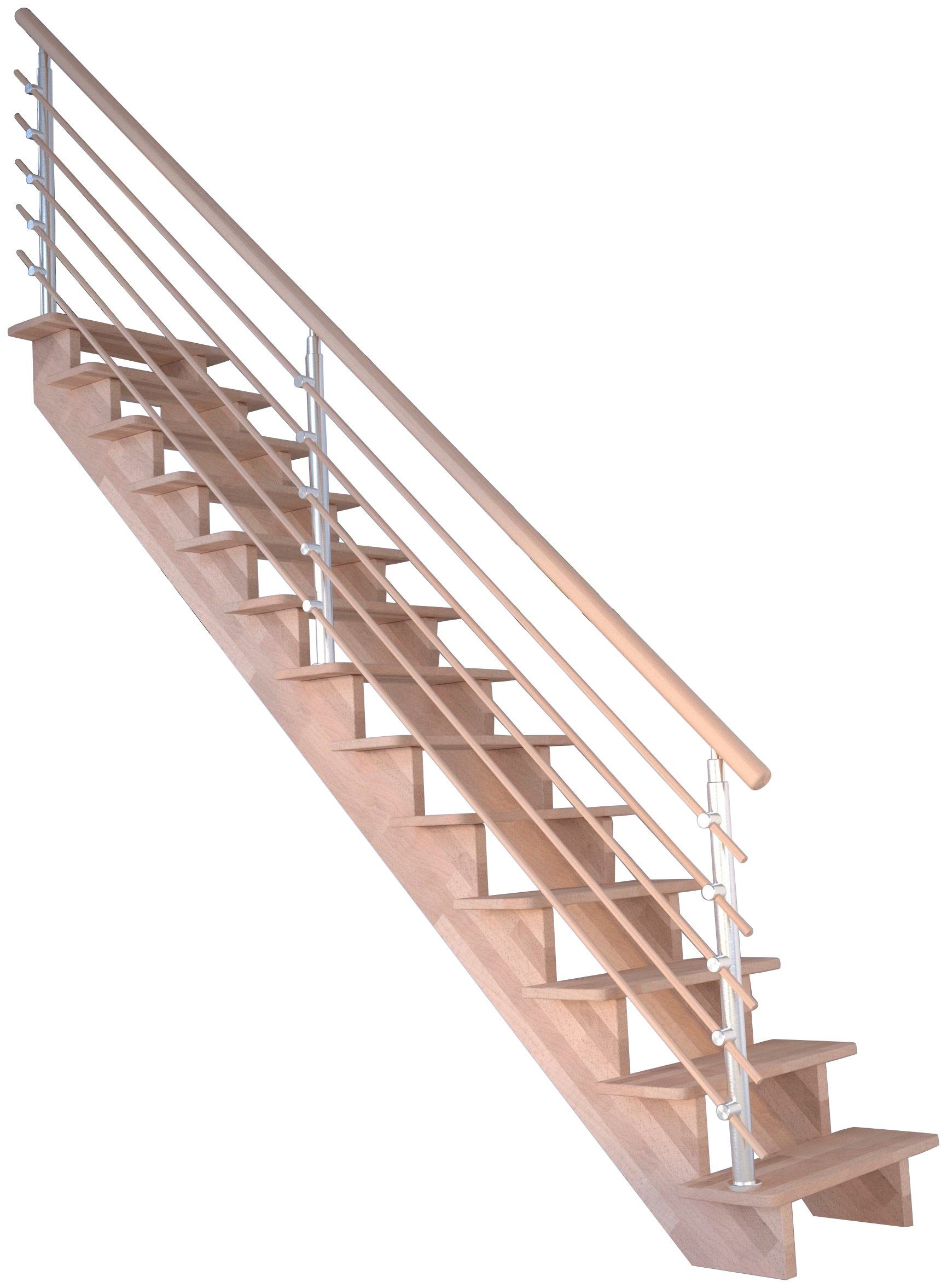 Starwood Systemtreppe Massivholz Lindos, Design-Geländer Geschosshöhen Holzrundstäbe, 300 offen, Stufen Wangenteile cm, Durchgehende bis für