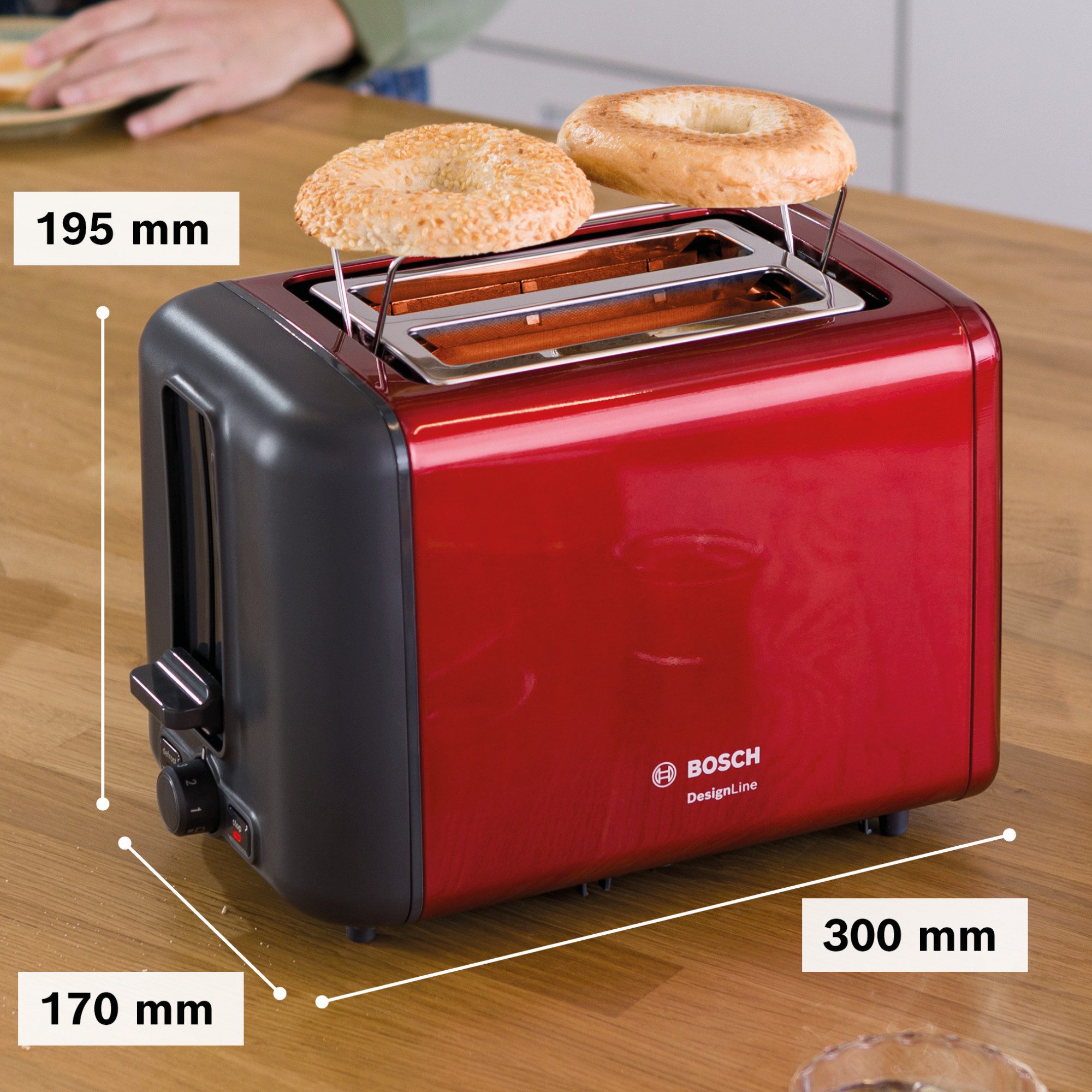 BOSCH Toaster DesignLine TAT3P424DE, Integrierter Edelstahl-Brötchenaufsatz, 2 kurze Schlitze, 820 W, Abschaltautomatik, Auftaufunktion, Liftfunktion, Breit, rot