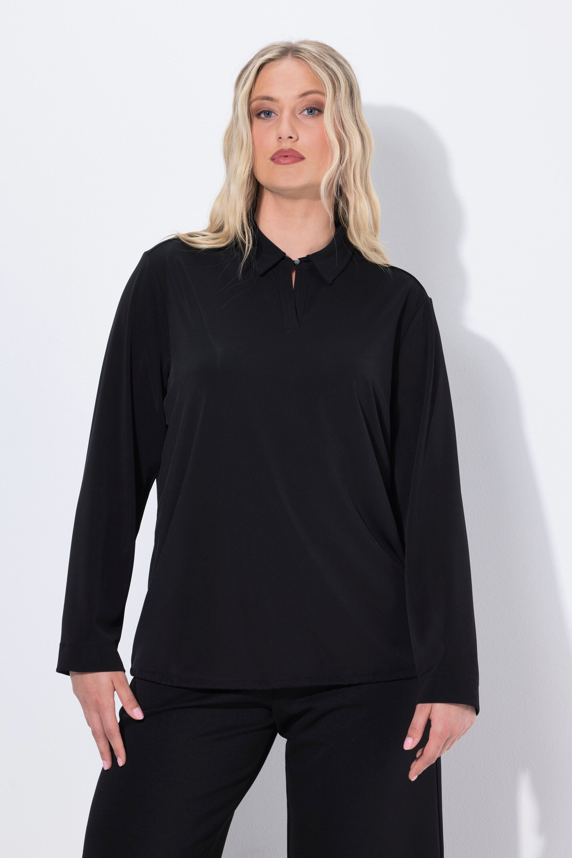 Ulla Popken Hemdbluse Jerseybluse Hemdkragen Langarm Gummisaum günstig online kaufen