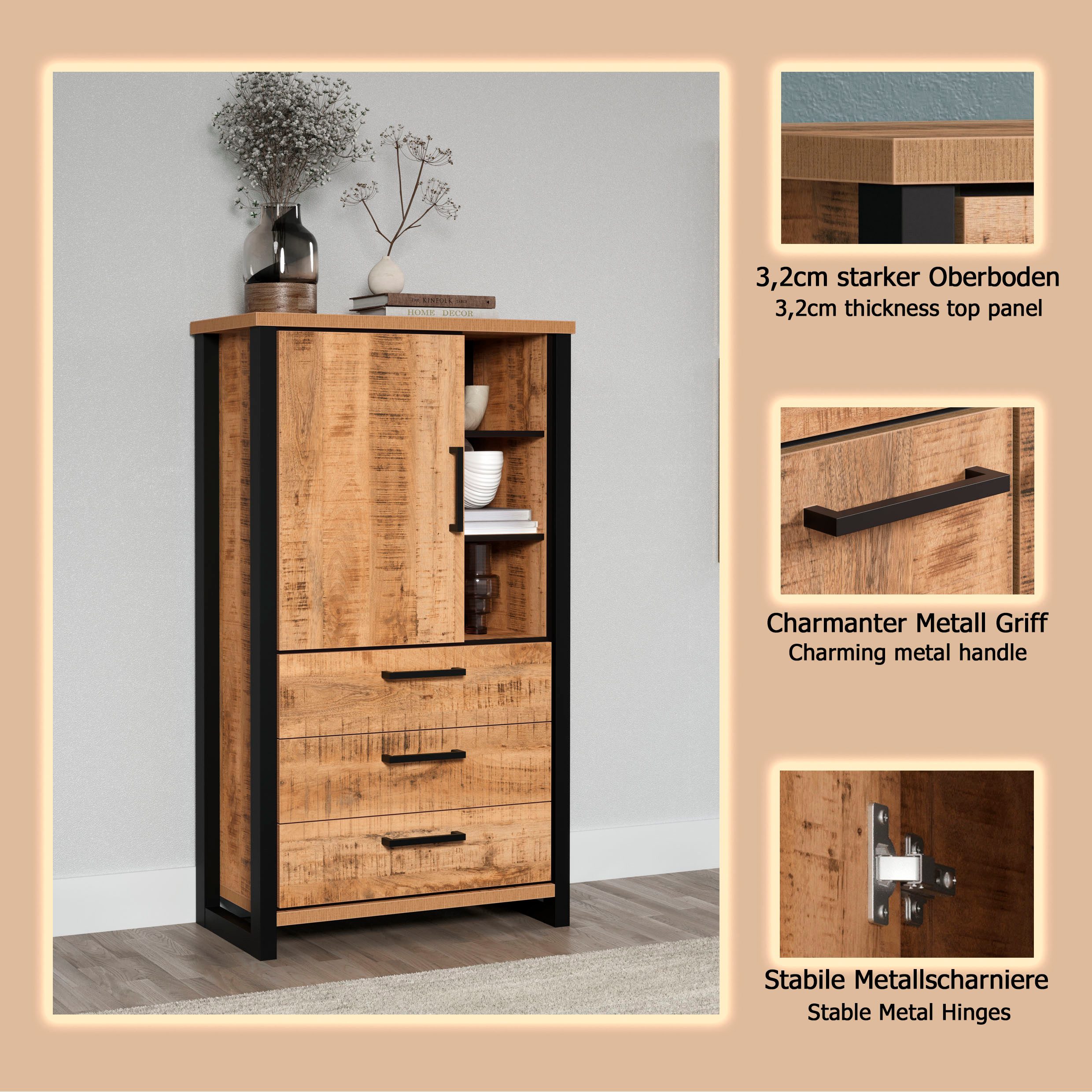 Home affaire Highboard Elda (1 St), Vitrine mit 1 Tür & 3 Schubladen mit Vollauszug – (B/T/H) 87/45/155 cm