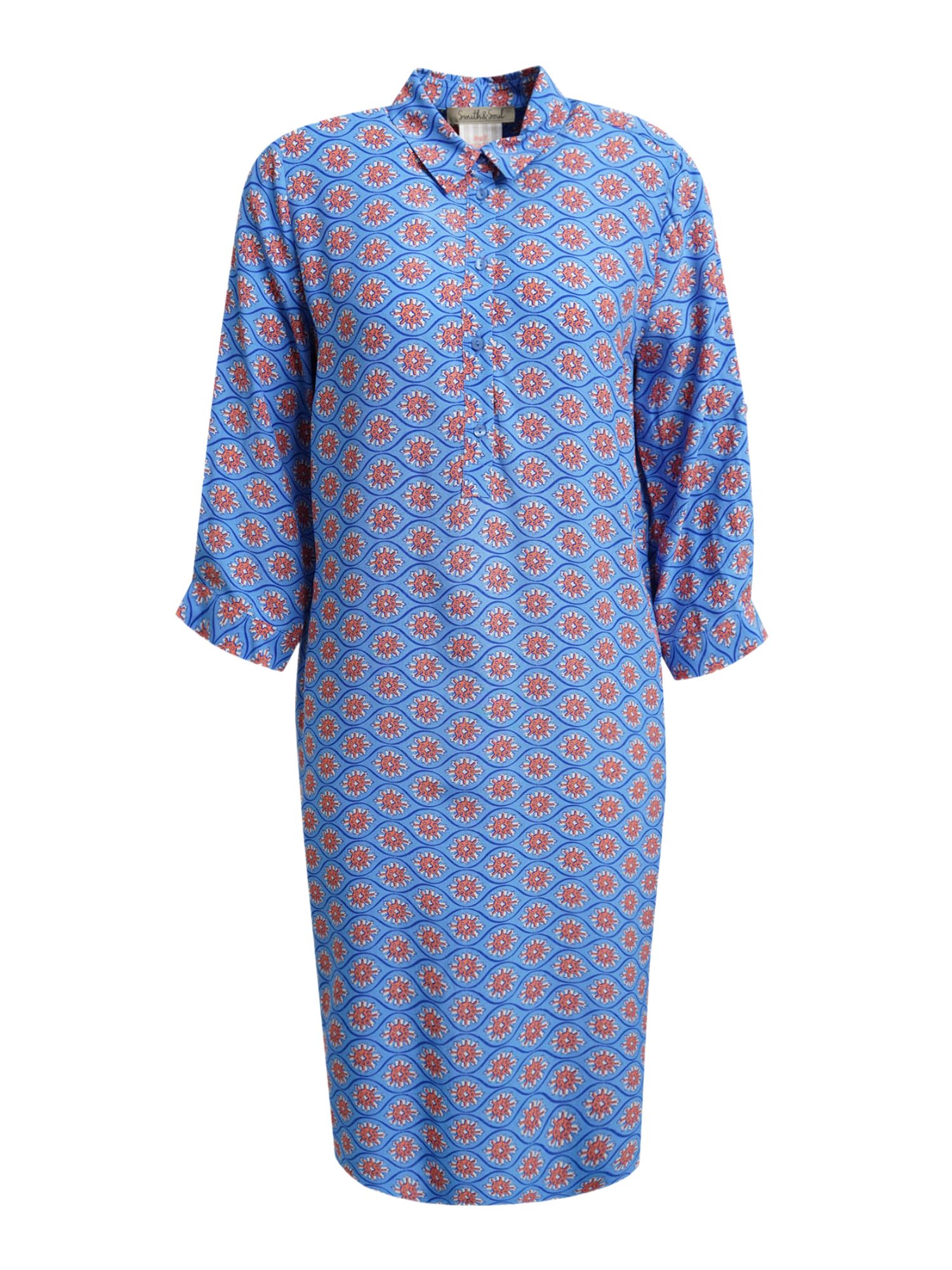 Smith & Soul Midikleid blau,Casual,Viskose,Allover-Print,Hemdblusenkragen,3/4 Arm,Casual Fit