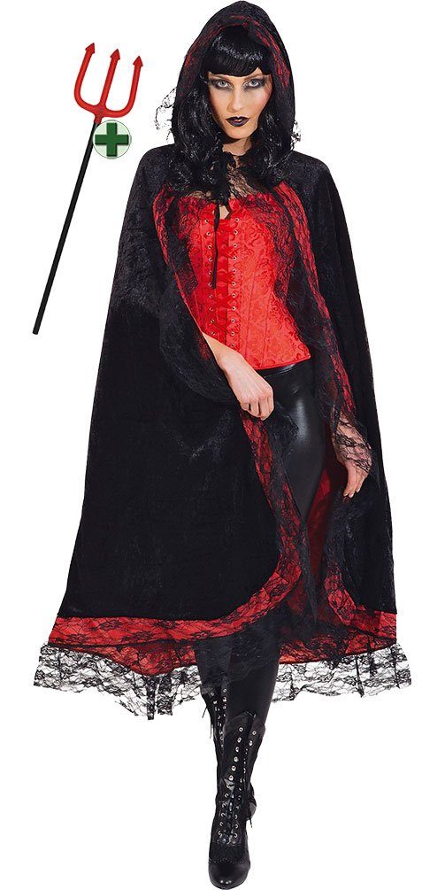 Karneval-Klamotten Teufel-Kostüm Damen Umhang mit Kapuze schwarz rot u Teufelsgabel, Teufelin Teufelscape Damenkostüm mit Teufelsdreizack Halloween