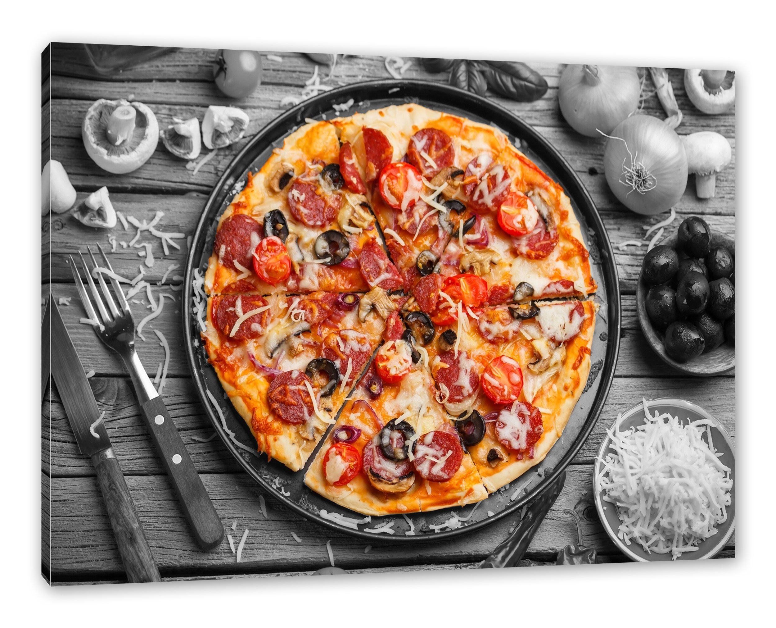 Pixxprint (1 Zackenaufhänger Leinwandbild bespannt, St), Pizzablech, Pizza Leinwandbild inkl. Pizzablech auf Pizza auf fertig