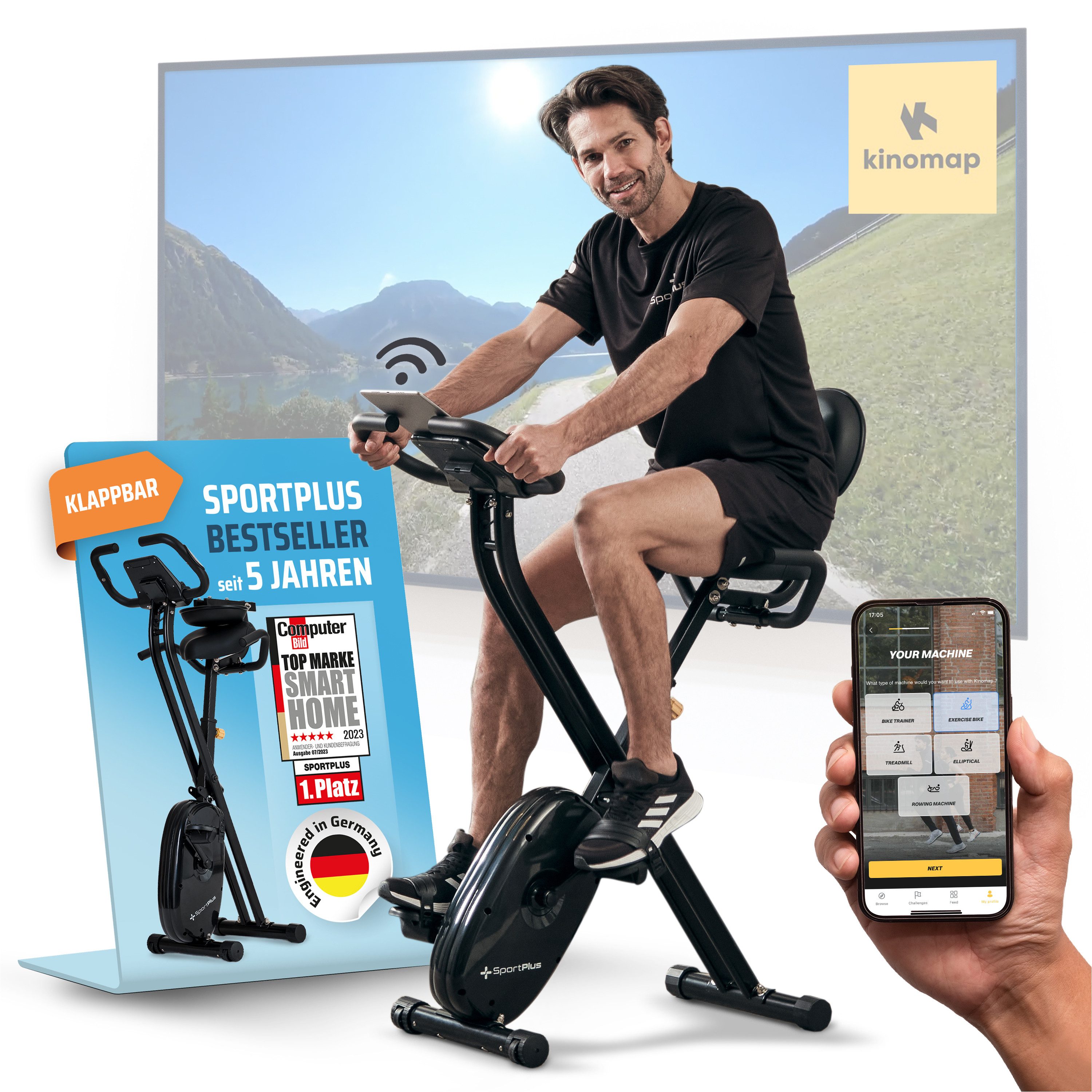 SportPlus Heimtrainer SP-HT-1400-B-iE, X-Bike, faltbar, Rückenlehne, Trainingscomputer, 24 Widerstandsstufen