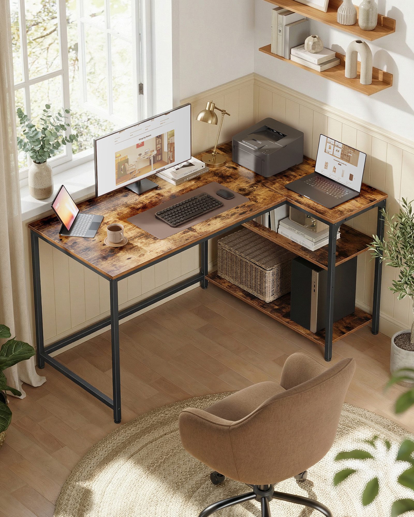 VASAGLE Schreibtisch Eckschreibtisch in L-Form, Computertisch mit Stauraum, Bürotisch, höhenverstellbare Ablage, für Homeoffice, 110/120 cm