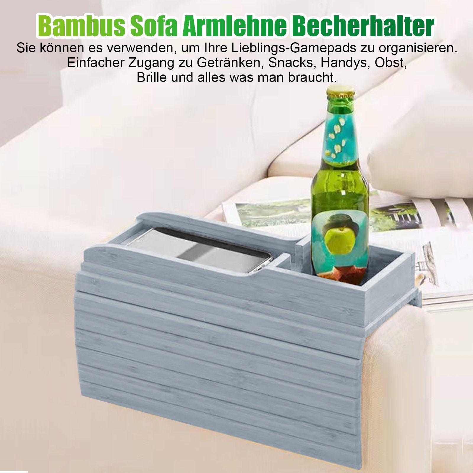 Tablett Sofa-Armlehnenkissen Bambus Material TWSOUL aus Umweltfreundliches 34*42cm, aus Bambus mit Getränkehalter, Hellgrau