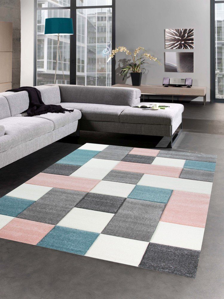 Teppich Moderner Teppich Wohnzimmerteppich Kurzflor Karo rosa grau türkis,  Carpetia, rechteckig, Höhe: 13 mm