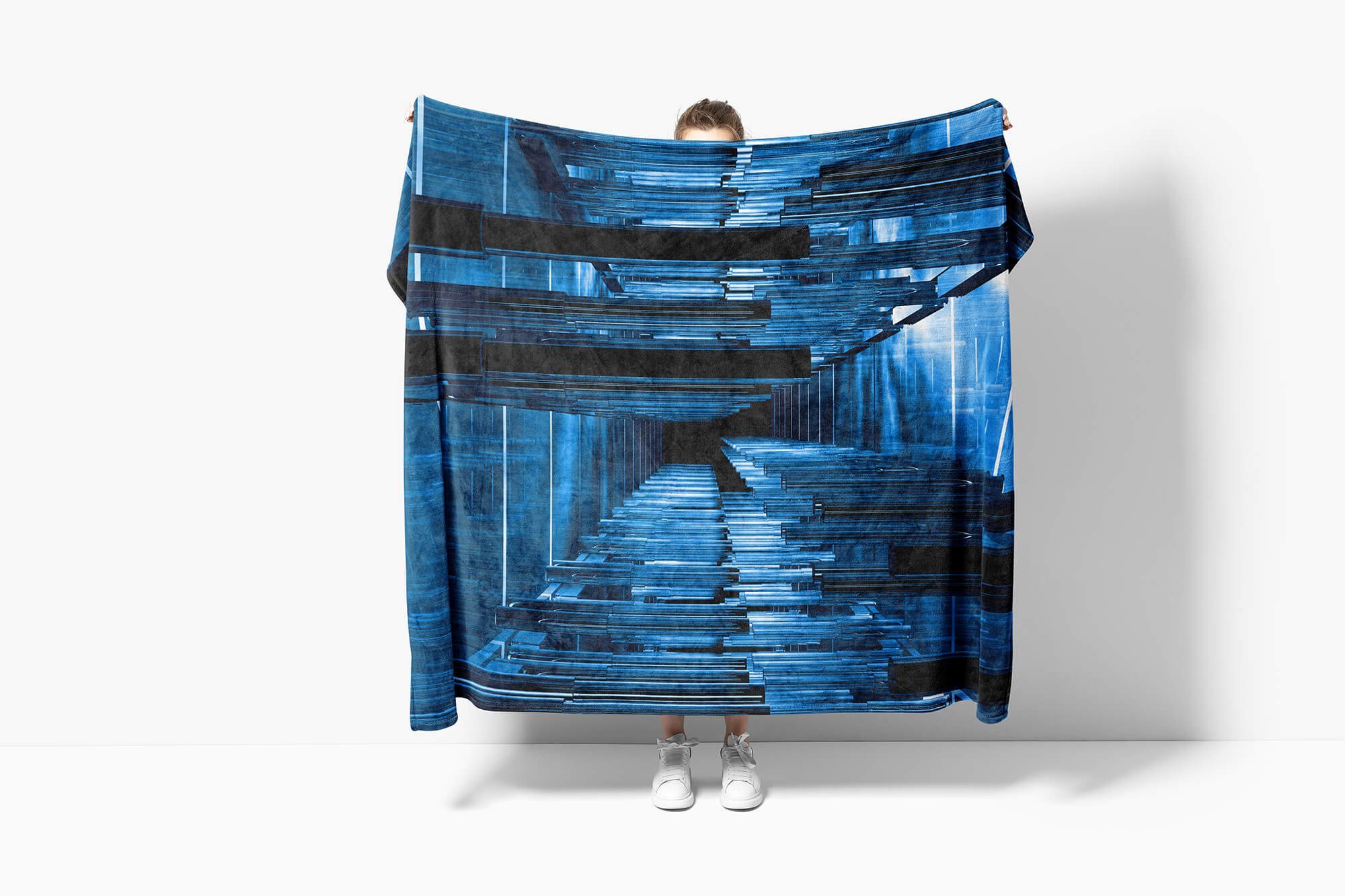 Saunatuch Sinus Strandhandtuch Blöcke, Blau Kunst Kuscheldecke Art (1-St), mit Handtücher Baumwolle-Polyester-Mix Fotomotiv Handtuch Handtuch 3d