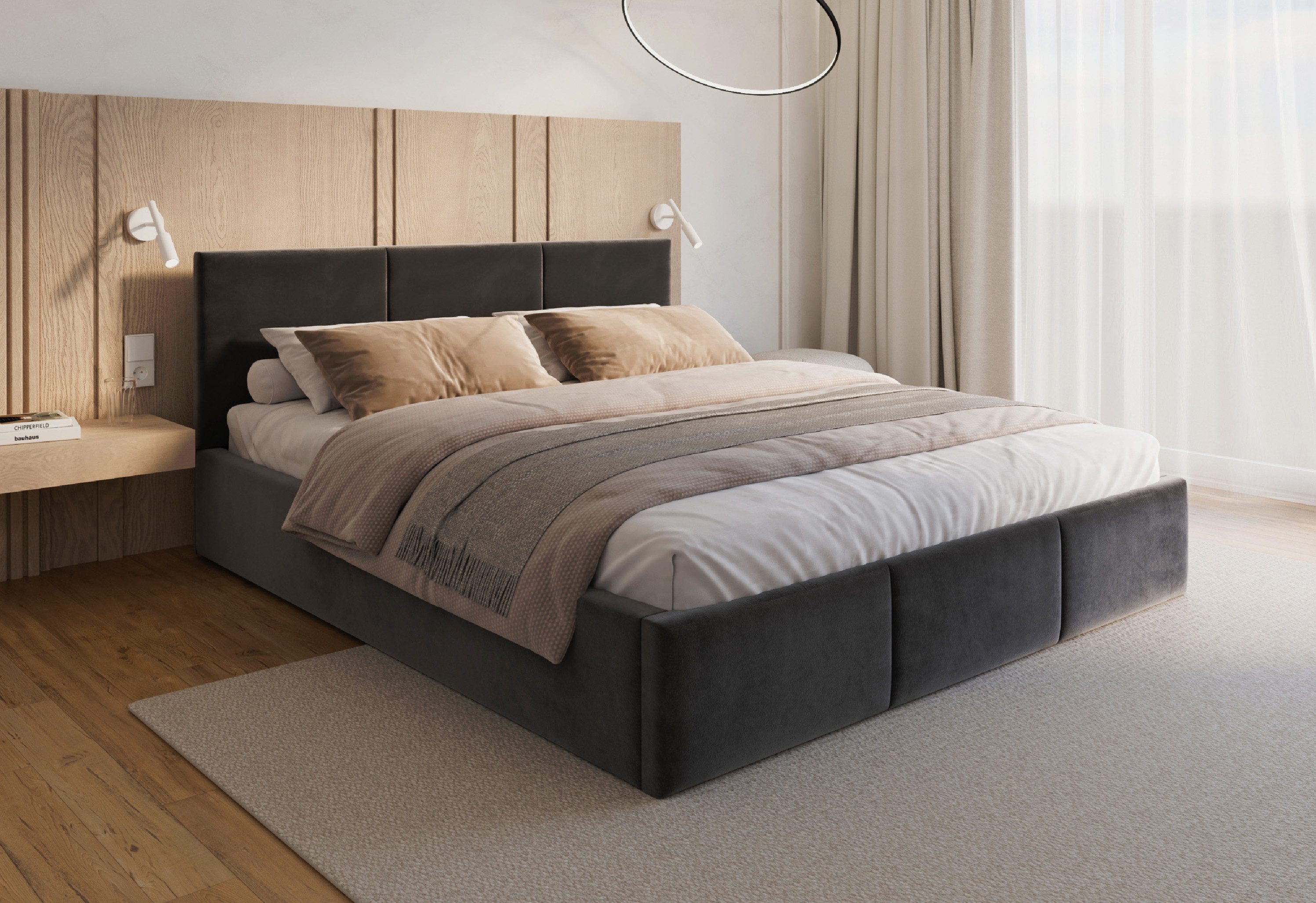 FDM Polsterbett AMBER modern mit Bettkasten MADE IN EU - mit Trinity Velours Bezug (verfügbar 90x200 120x200 140x200 160x200 180x200cm, Bettrahmen, Bett, mit großen gepolsterten Kopfteil, mit Bettkasten zum aufklappen), Hebbarer Metallrahmen, Bettkasten, mit/ohne Matratze