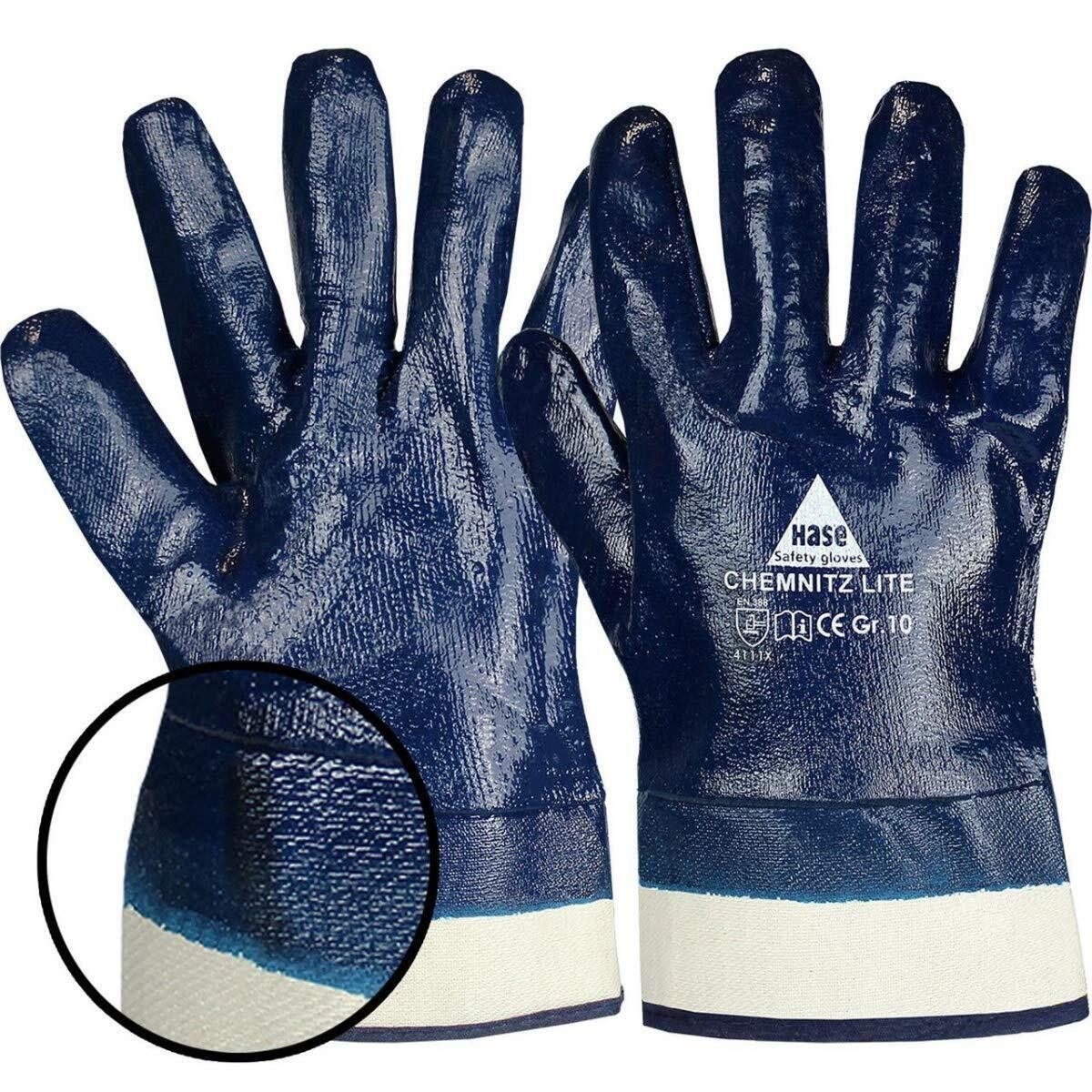 Hase Safety Gloves Arbeitshandschuh-Set 904200 Nitril vollbeschichtet Chemnitz lite blau Stulpe (Packung, 12-St., VPE= 12-144 Paar, Gr 8-11) ölbeständig/robust/